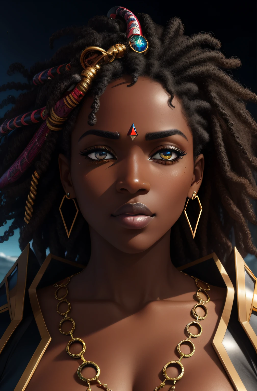 african goddess, heterochromia eyes, really curly hair, dark skin, sparkling eyes, Sniper wearing Medium Stud leather armor, Static Shot, Full Body, (Disgust Wrinkled Nose Raised Upper Lip Narrowed Eyes:0.7), ( seascapes, Exploration Themes, Shadow Dimension Location1.0) (Masterpiece, Hypermaximalist, Maximalism, Best Quality, 8k, Highres, Absurdres, 4k, High Quality, Ultra High Res, Highest Quality, Ultra Detailed, 8k Uhd, Realistic, Highly Detailed, Ultra-Detailed:1.0), (Cinematic Lighting, Hdr, Raw Photo, Sharp Focus, Photorealistic, Realistic:1.0), (Triangle shaped face, Angular Face Features, Sharp Defined Chiseled Jawline, Pointed Nose, High Forehead,:1.2), (Beautiful Face, Detailed Face, Beautiful Eyes, Detailed Eyes, Beautiful Detailed Eyes:1.0), jiggly fat round belly voluptuous body