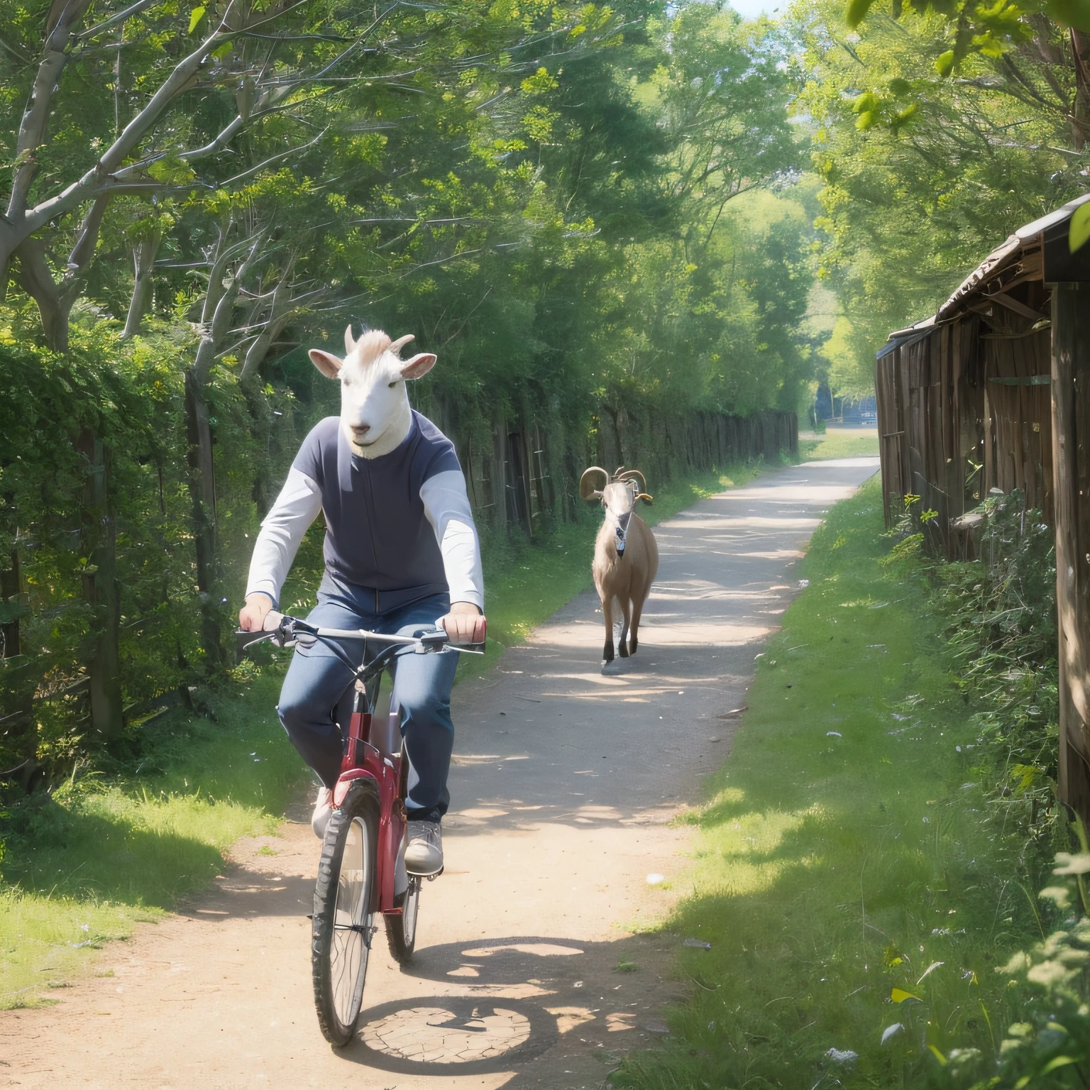 A goat riding a bicycle