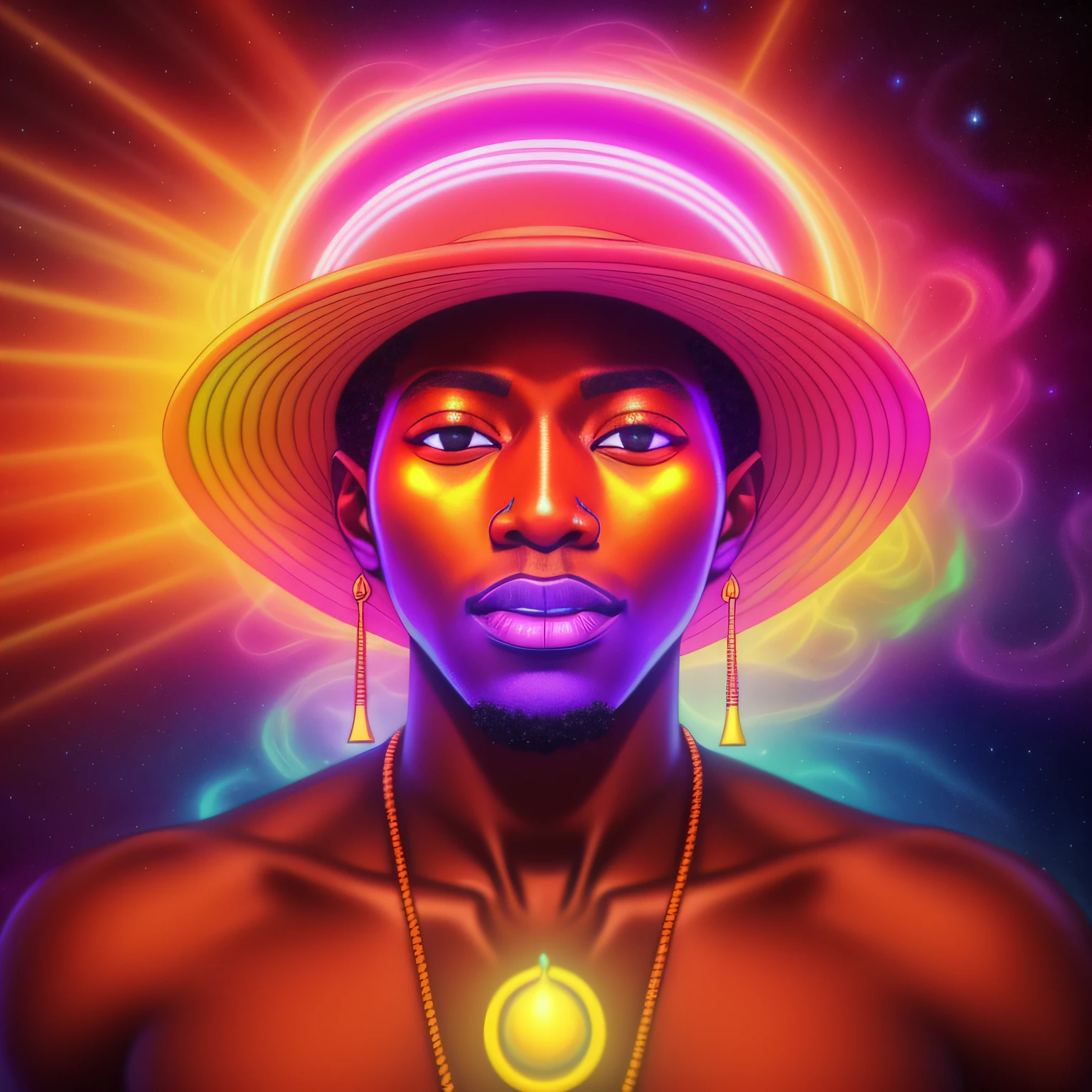 Design a image of a 22 yr old darkskinned black men wearing a hat with a very short hair and black eyes,DMT, Sacred, psychedelic , psychedelic design, Aura, becoming spiritual, ultrarealistic photorealistic, 8k, artstation