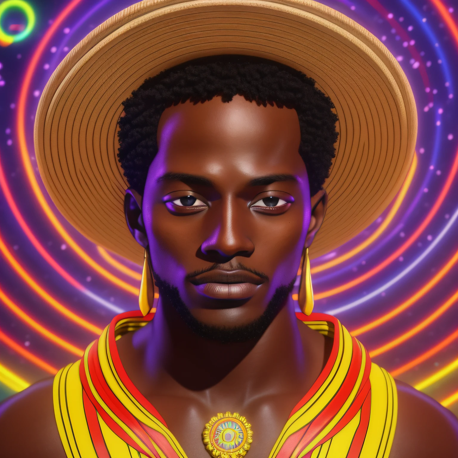 Design a image of a 22 yr old darkskinned black men wearing a hat with a very short hair and black eyes,DMT, Sacred, psychedelic , psychedelic design, Aura, becoming spiritual, ultrarealistic photorealistic, 8k, artstation