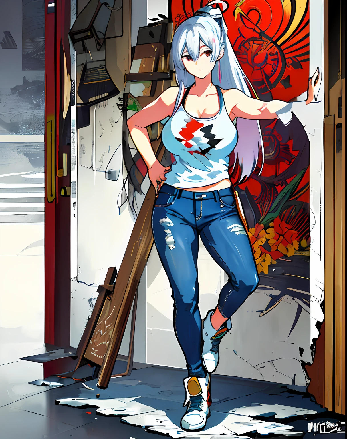 :: comix style by Serg Acuna:: beautiful, perfect and detailed, ultra detailed anime style mmorpg last origin clothes with tatoon designs and colors of light pink, black, white and gray, in various full-body attack poses and with immersive effects, hover effect, background graffiti style with vibrant colors "ultra HDR" detailed and with focus effect, with black all star converse sneakers (masterpiece: 1.2, best quality), (finely detailed beautiful eyes: 1.2),extremely detailed, depth of field,shot with Canon EOS,lens 135mm f1.8,portrait of [x]((1Girl Kelly Brook Beautiful Woman )),long hair, straight and black,with a natural sheen and stuck like ponytail ((Solo)), (Red eyes:1.4), (Finely detailed eyes and detailed face:1.3), ), (With ULTRA DETAILED jeans and a white t-shirt with full ultra detailed tatoom print:1.3), (Beautiful and clear background:1.2), (Extremely detailed CG, Ultra-detailed, Best Shadow:1.1),("" character demonstrating his super power in the fist"")((Depth of field and blur)), ((Watercolor)), Large breasts, Bare shoulders, Flowers and petals, Beautiful conceptual illustration , (White background:0.5), (Illustration :1.1),  (extremely fine and beautiful: 1.1), (perfect details: 1.1) graffiti style background, freedom, soul, digital illustration, perfect anatomy, centered, approaching perfection, dynamic, highly detailed, watercolor painting, artstation, conceptual art, smooth, sharp focus, illustration, art by flesh Griffiths and Wadim Kashin, heterochromia, perfect anatomy, centered, approaching perfection, dynamic, highly detailed, character sheet, artstation, concept art,  Smooth, sharp focus, illustration, art by Kim Jung Gi,, Artgerm, Carne Griffiths and Wadim Kashin, Sasha Yakovleva, Loish, Jeremy Mann, Full Body Shot, Character Sheet, Lightning Wave, Beautiful Anime Watercolor Painting, Dripping Paint by Tim Okamura, Victor NizoVtsev, Greg Rutkowski, Noah Bradley. Trend in Artstation, 8K, Obra-P