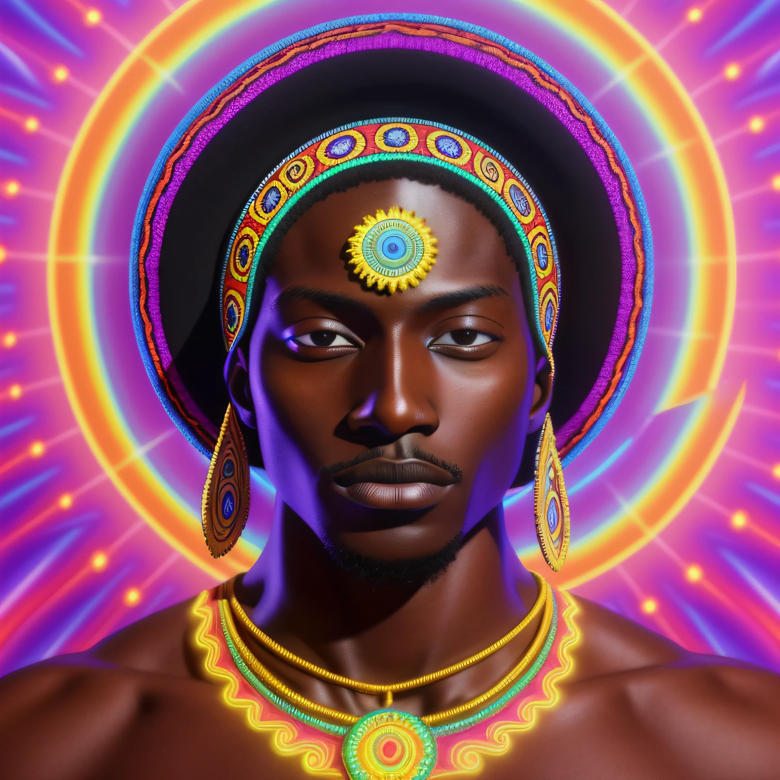 Design a image of a 22 yr old darkskinned black men wearing a hat with a very short hair and black eyes,DMT, Sacred, psychedelic , psychedelic design, Aura, becoming spiritual, ultrarealistic photorealistic, 8k, artstation