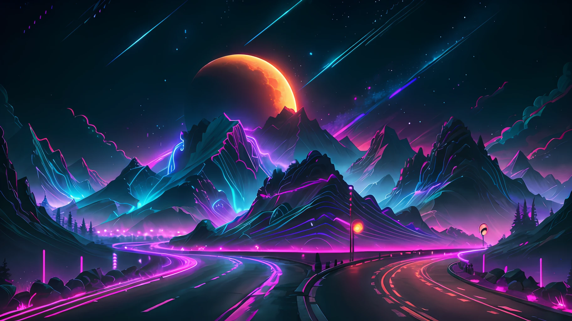 retrowave.  road,  purple neon lights, sun, mountain, 
(masterpiece,detailed,highres),