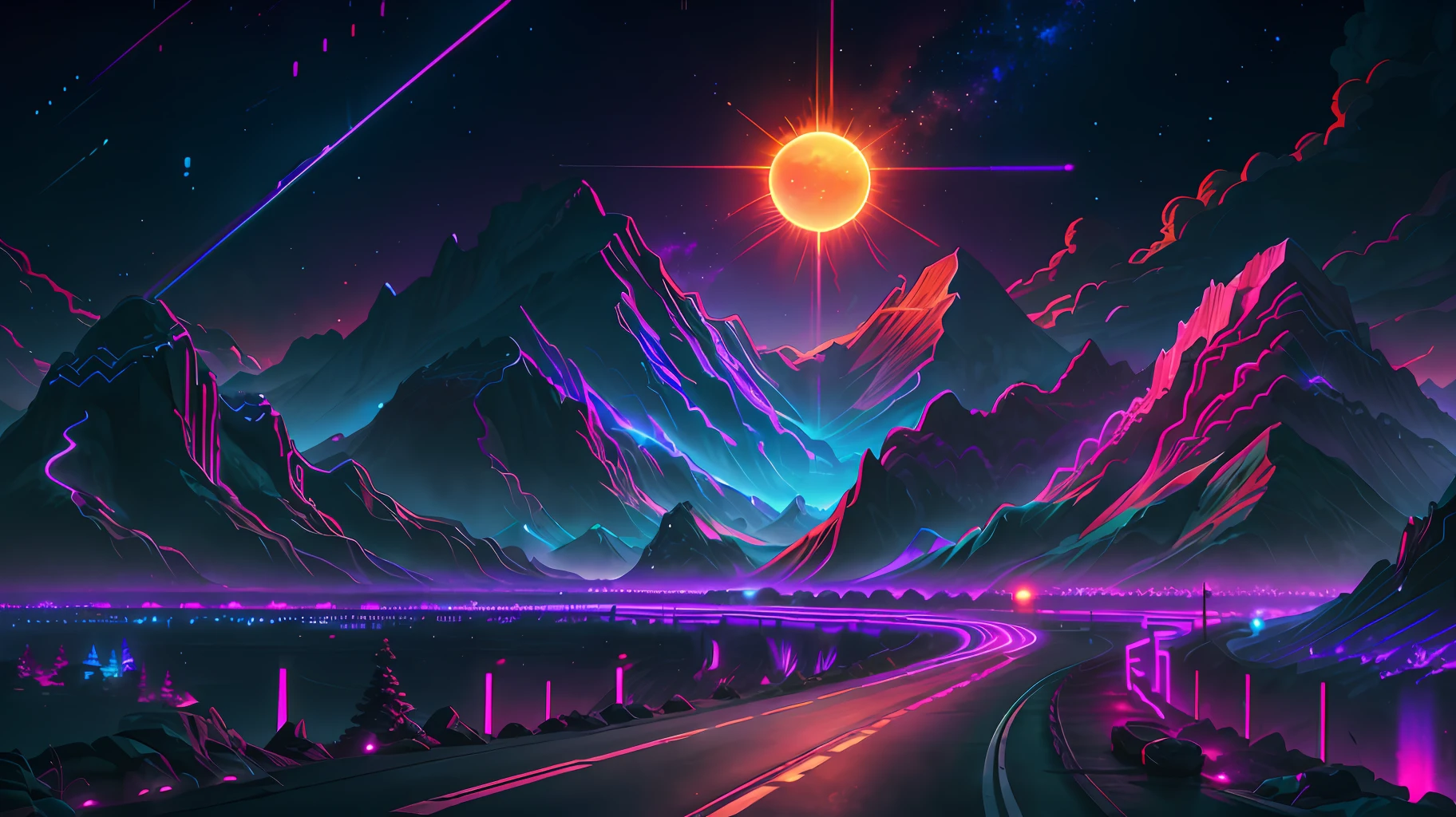 retrowave.  road,  purple neon lights, sun, mountain, 
(masterpiece,detailed,highres),