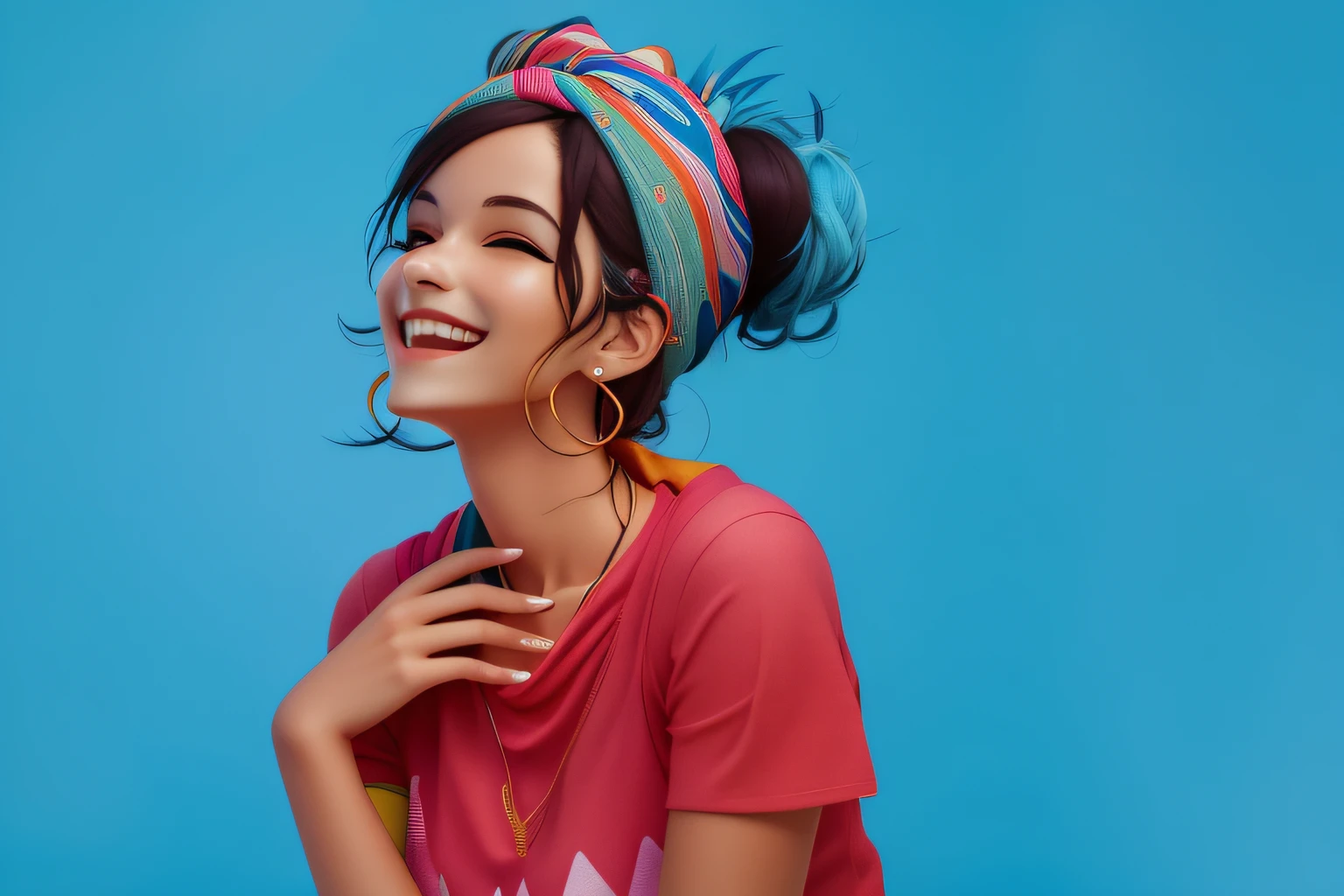 smiling woman with a colorful head scarf on her head, wearing a head scarf, cloth head wrap, portrait happy colors, earing a shirt laughing, portrait of happy a young woman, wearing a headband, beautiful and smiling, head scarf, smiling young woman, she expressing joy, girl with messy bun hairstyle, smiling woman, turning her head and smiling, high quality portrait