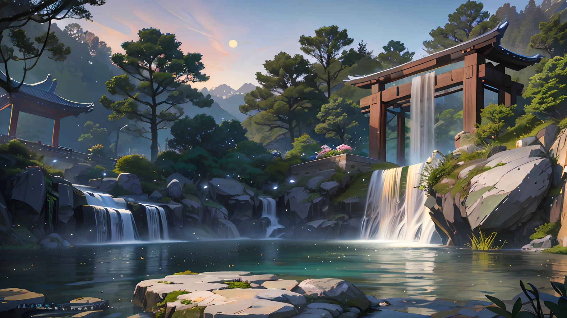 Ancient Chinese architecture, moon, dark night, garden, bamboo, lake, stone bridge, rockery, arch, corner, tree, running water, landscape, outdoor, waterfall, grass, rock, water lily, hot spring, water vapor, (Illustration: 1.0 ), epic composition, realistic lighting, HD details, masterpiece, best quality, (very detailed CG unity 8k wallpapers) --v 6