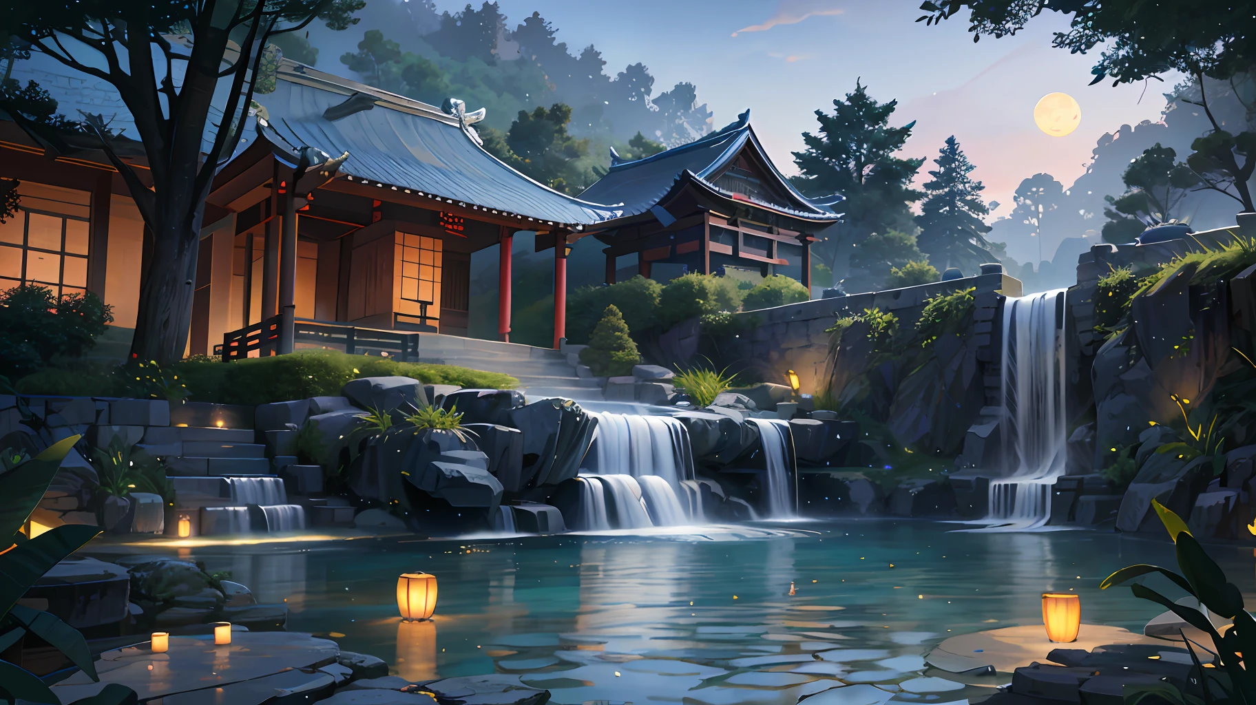 Ancient Chinese architecture, moon, dark night, garden, bamboo, lake, stone bridge, rockery, arch, corner, tree, running water, landscape, outdoor, waterfall, grass, rock, water lily, hot spring, water vapor, (Illustration: 1.0 ), epic composition, realistic lighting, HD details, masterpiece, best quality, (very detailed CG unity 8k wallpapers) --v 6