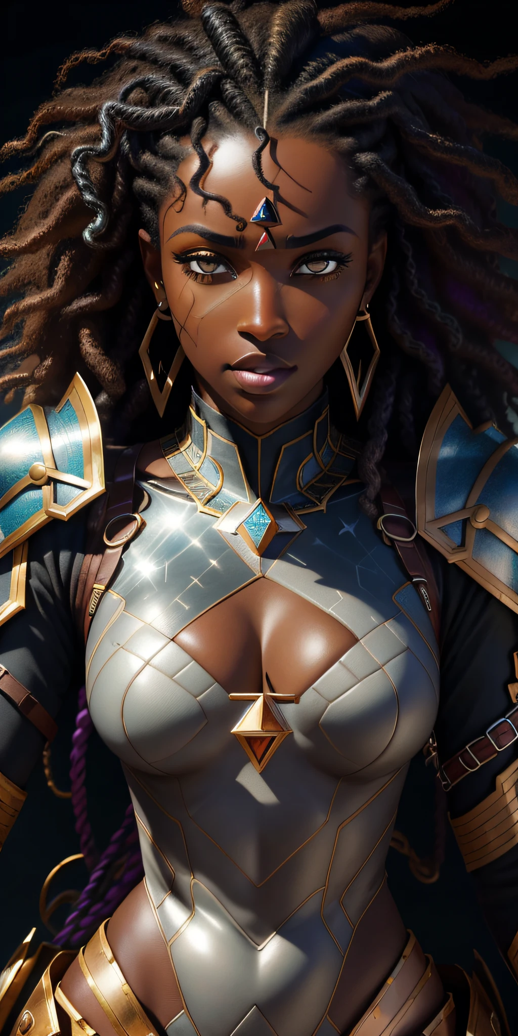 african goddess, heterochromia eyes, really curly hair, dark skin, sparkling eyes, Sniper wearing Medium Stud leather armor, Static Shot, Full Body, (Disgust Wrinkled Nose Raised Upper Lip Narrowed Eyes:0.7), ( seascapes, Exploration Themes, Shadow Dimension Location1.0) (Masterpiece, Hypermaximalist, Maximalism, Best Quality, 8k, Highres, Absurdres, 4k, High Quality, Ultra High Res, Highest Quality, Ultra Detailed, 8k Uhd, Realistic, Highly Detailed, Ultra-Detailed:1.0), (Cinematic Lighting, Hdr, Raw Photo, Sharp Focus, Photorealistic, Realistic:1.0), (Triangle shaped face, Angular Face Features, Sharp Defined Chiseled Jawline, Pointed Nose, High Forehead,:1.2), (Beautiful Face, Detailed Face, Beautiful Eyes, Detailed Eyes, Beautiful Detailed Eyes:1.0), jiggly fat round belly voluptuous body
