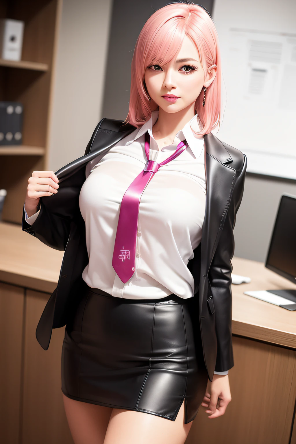 masterpiece, best quality, realistic, 1girl, walking in beijing, ((sexy office lady, white shirt with tie, tight mini black leather skirt)), fancy necklace, thick thighs, f-cup breast, dress view, (PureErosFace_V1:0.6), pink hair