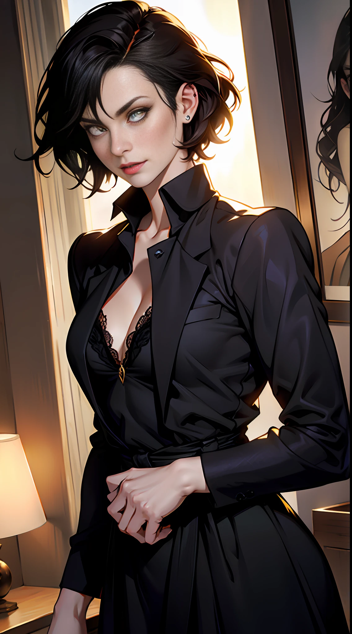 Mary Alice Cullen, vampire from the movie Twilight, portrait to the waist, yellow eyes, high detail, picture for the competition, correct facial features, super detail