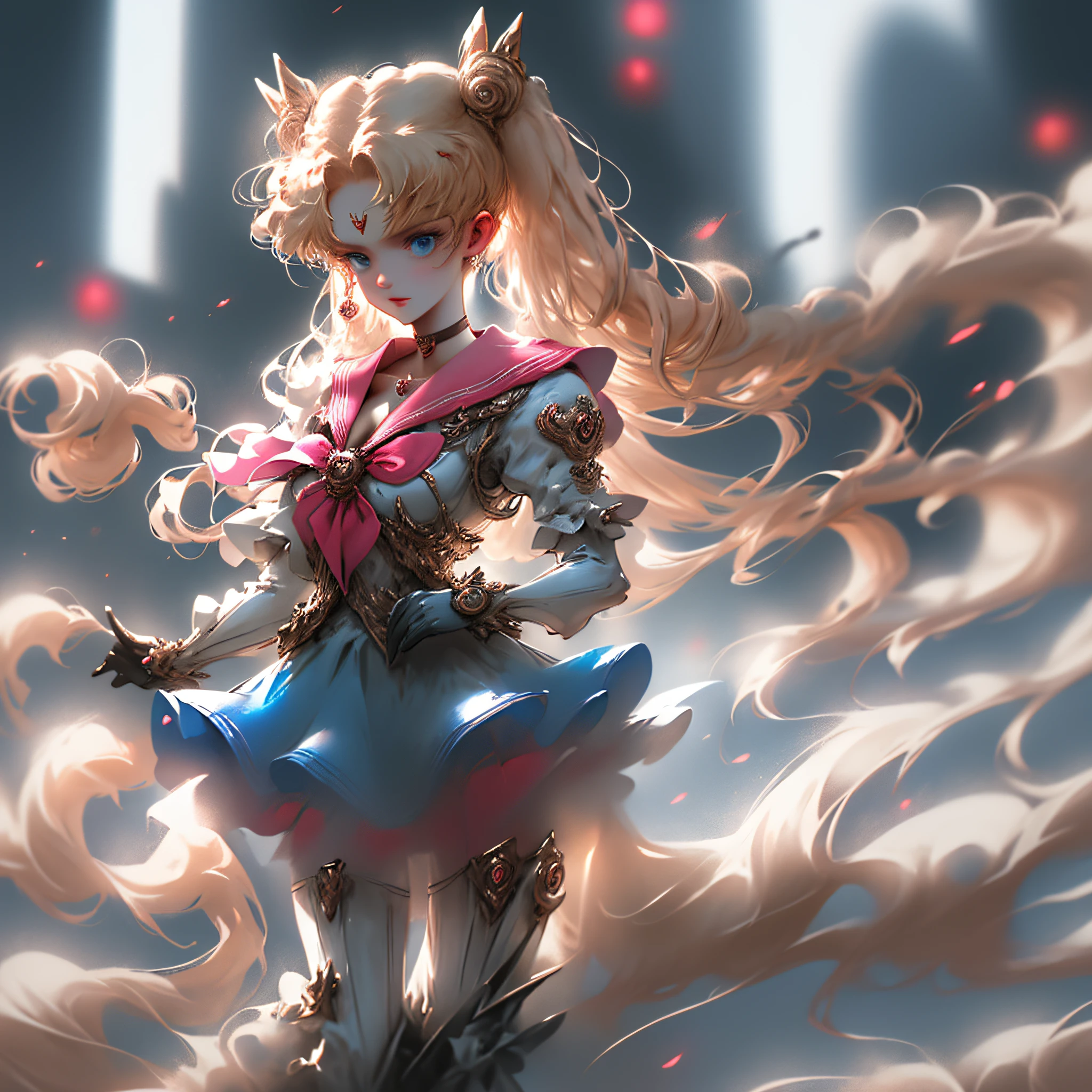 (8k, RAW photo, best quality, masterpiece: 1.2), (ultra-high resolution: 1.0), detailed illustration, detailed, (realistic, photorealistic: 1.37), detailed beautiful skin, Sailor Moon, (1 girl: 1.2),(full body: 1.2),(Guido Daniele's hand: 1.2), slim sexy body, cute, happy, long hair, long leg, wet sexy transparent clothes, cleavage, blue skirt, red bow, blue eyes, blonde hair, double ponytails, hair bun, hair ornament, blue sailor collar, red choker, red boots, high heels, senshi sailor uniform, white gloves, tiara, elbow gloves, pleated skirt standing on Tokyo Street, Tokyo Street, Japanese buildings,