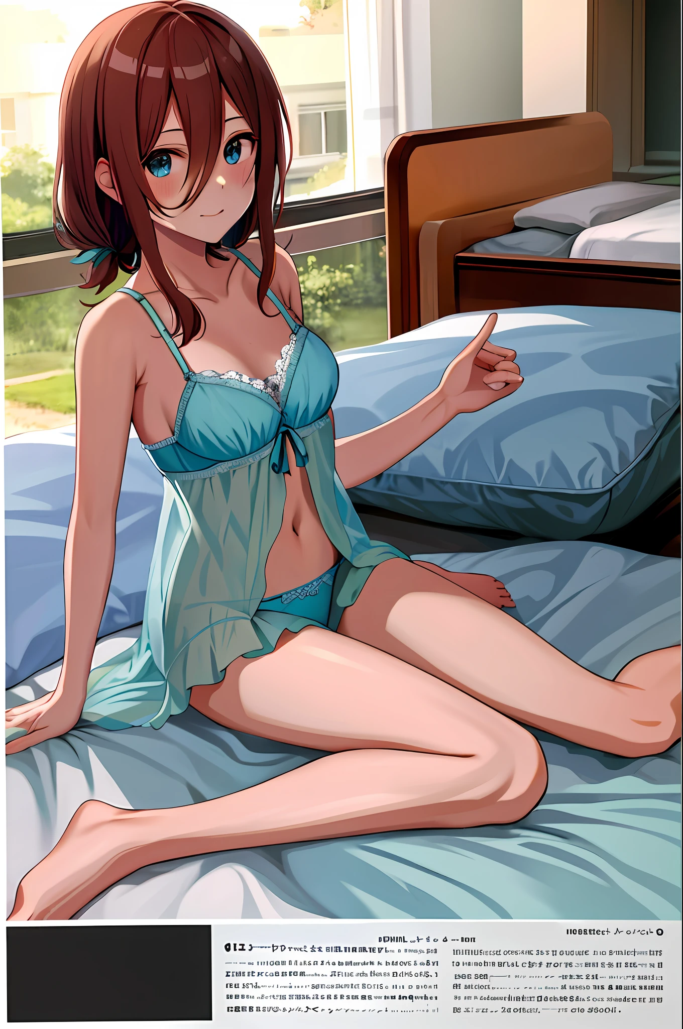 masterpiece, best quality, highres, nm1, wariza, Miku Nakano, sleep dress, bed dress, lingerie, in bed, inroom, in bedroom, sit on the bed, 1 girl, sfw, safe for work,