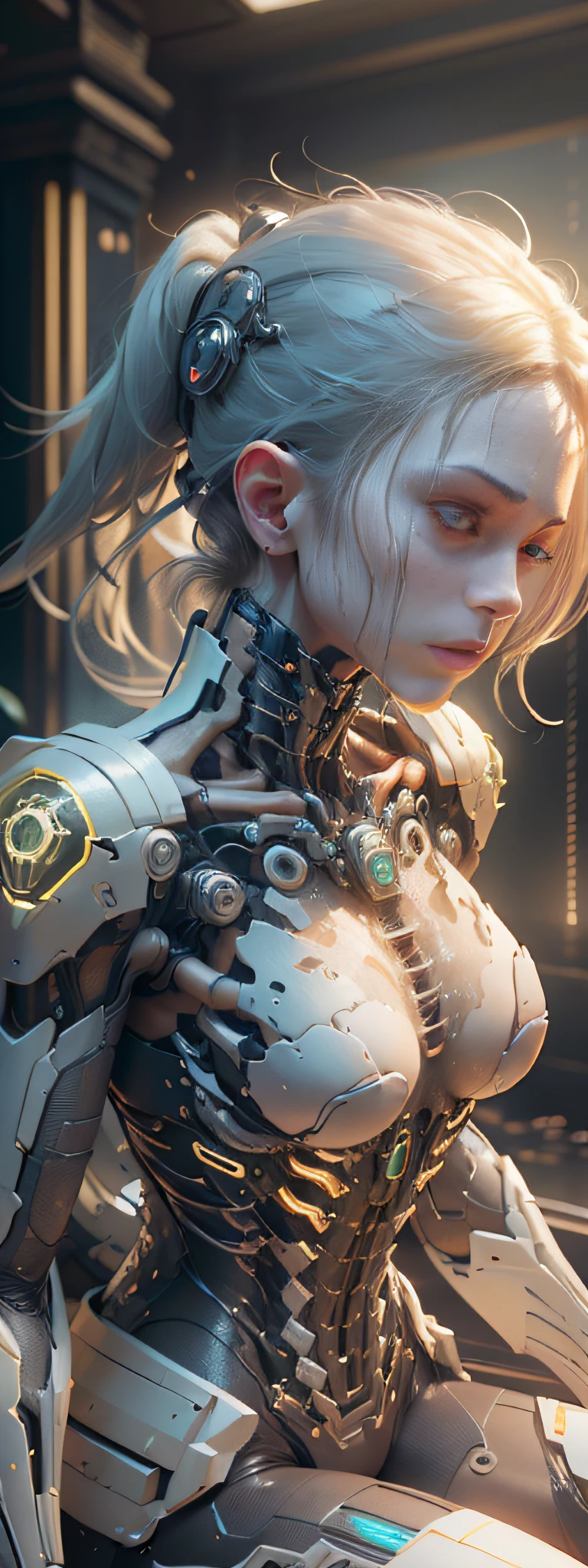 (from back:1.5),((1mechanical girl)),solo, (sitting), (machine made joints:1.2),((machanical limbs)),(blood vessels connected to tubes),(mechanical vertebra attaching to back),((mechanical cervial attaching to neck)), lights on armor, mecha headglass,Luminous spine, laser eyes,expressionless,huge breast,Look away from the camera,

colorful,hdr, ray tracing, nvidia rtx, super-resolution, unreal 5, subsurface scattering, pbr texturing, post-processing, anisotropic filtering, depth of field, maximum clarity and sharpness, rule of thirds, 16k raw, (luminescent particles:1.4), (extremely detailed cg, unity 8k wallpaper, 3d, cinematic lighting, lens flare), reflections, sharp focus, cyberpunk art,  ((realistic)), (highly detailed CG illustration), ((an extremely delicate and beautiful)),cinematic light,(photorealistic:1.5), (Dark room:1.5),dynamic angle, (((masterpiece))), (((best quality))), ((ultra-detailed)), (illustration), (detailed light), dramatic_shadow,(face shadow (extra detailed,best performance)),