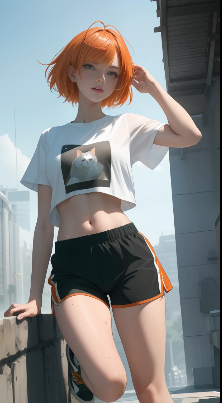 (((masterpiece))), portrait, one beautiful girl with bob cut pale skin,  ((dynamic hair)),  ((dynamic action pose)), wet hair, (short orange hair), (wet skin), (cat ear), (green eyes), (orange cat tail), ((wet)), ((Wet T-shirt)), (white T-shirt), rain, cloud, summer, (dirty feet), tired look, tiredness, dirt, dirty T-shirt, T-shirt shines through, (sport shorts), (sneakers), model shoot style, freckles, stocking, dynamic hair, perfect body, small breast, highly detailed, more details, cinematic atmosphere, fog, precise correct anatomy, epic scene, artstation, detailed skin, detailed face, detailed eyes, hyperdetailed, intricately detailed art, pose figure, intricate details,dynamic lighting, post-processing, global illumination, detailed and intricate environment, modelshoot style, 8K UHD, concept art, octane render