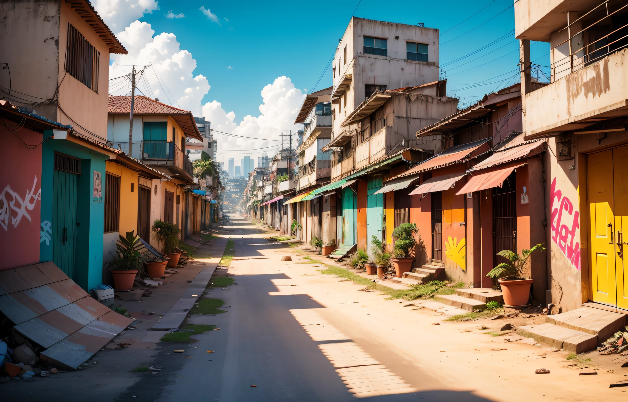 Low angle, vector, poor buildings in a city, brown brick walls, light poles, favela, an opulent favela environment, são paulo favela, colorful city, colorful buildings, old favela ruins, favela sculpture, colorful buildings, colorful houses, graffiti.