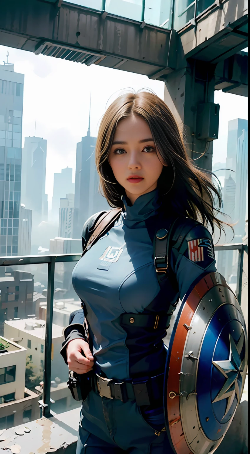 (1girl:1.3), solo, __body-parts__, official art, unified 8k wallpaper, super detailed, beautiful and aesthetic, beautiful, masterpiece, best quality, raw, masterpiece, super fine photo, best quality, super high resolution, photorealistic realism, sunlight, full-body portrait, amazing beauty, dynamic pose, delicate face, vibrant eyes, (from the front), she wears a futuristic Captain America jersey, blue color scheme, (holding a shield), A capital A on chest, very detailed abandoned warehouse background, detailed face, detailed complex busy background, messy, gorgeous, milky white, highly detailed skin, realistic skin details, visible pores, sharp focus, volumetric fog, 8k uhd, DSLR camera, high quality, film grain, fair skin, photo realism, lomography, huge metropolis in future dystopia, seen from below, translucent