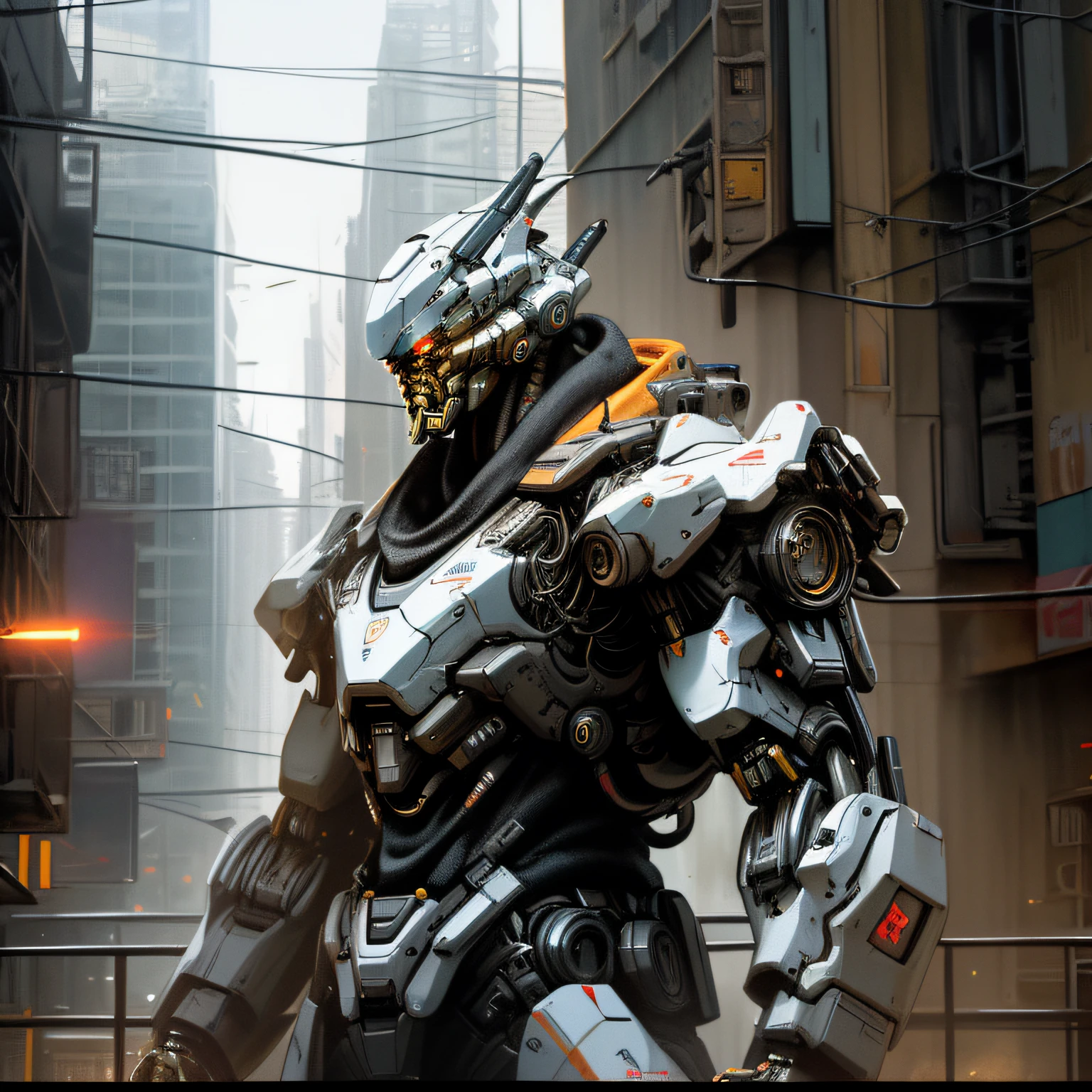 Dark_Fantasy,Cyberpunk, (Best quality, Masterpiece),white,1man,Mechanical marvel,Robotic presence,Cybernetic guardian,wearing a cybernetic jacket,city, highest quality digital art, Stunning art, wallpaper 4k, highly detailed, military robot,army, warzone,black and white, highest quality digital art, Stunning art, wallpaper 4k,8k,64k, HD, unparalleled masterpiece, dynamic lighting, cinematic, epic, damaged mechanical parts