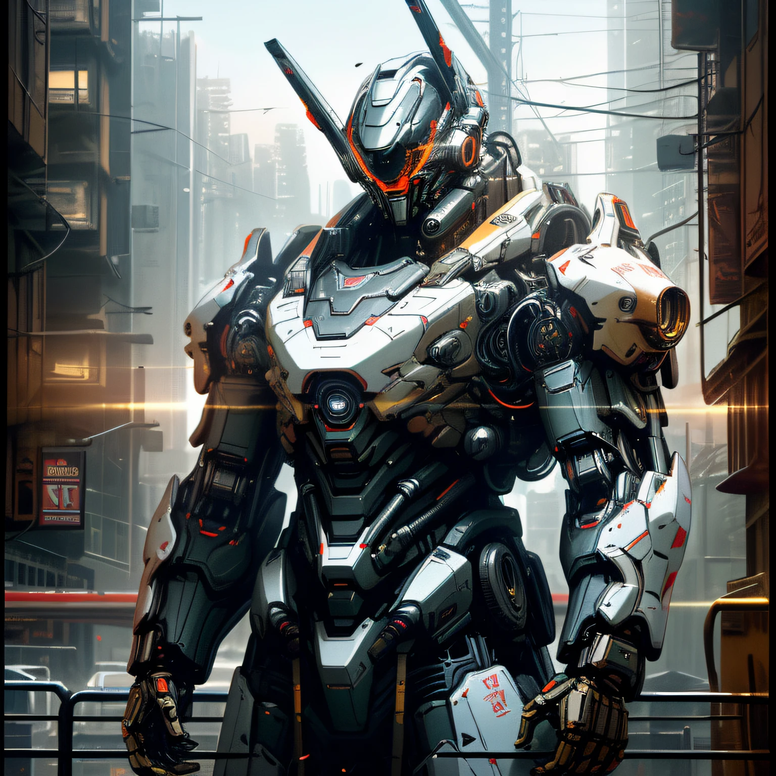Dark_Fantasy,Cyberpunk, (Best quality, Masterpiece),white,1man,Mechanical marvel,Robotic presence,Cybernetic guardian,wearing a cybernetic jacket,city, highest quality digital art, Stunning art, wallpaper 4k, highly detailed, military robot,army, warzone,black and white, highest quality digital art, Stunning art, wallpaper 4k,8k,64k, HD, unparalleled masterpiece, dynamic lighting, cinematic, epic, damaged mechanical parts