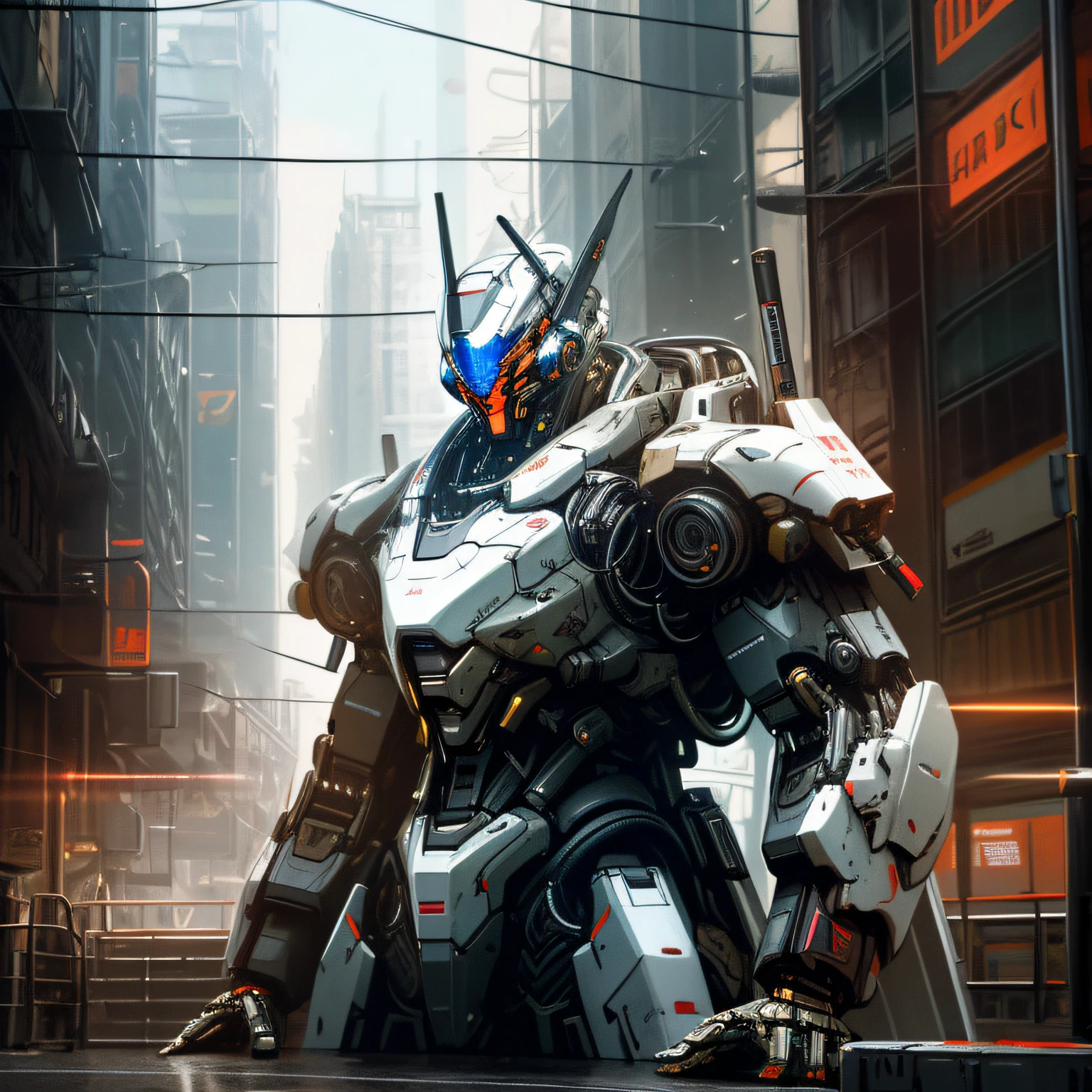 Dark_Fantasy,Cyberpunk, (Best quality, Masterpiece),white,1man,Mechanical marvel,Robotic presence,Cybernetic guardian,wearing a cybernetic jacket,city, highest quality digital art, Stunning art, wallpaper 4k, highly detailed, military robot,army, warzone,black and white, highest quality digital art, Stunning art, wallpaper 4k,8k,64k, HD, unparalleled masterpiece, dynamic lighting, cinematic, epic, damaged mechanical parts