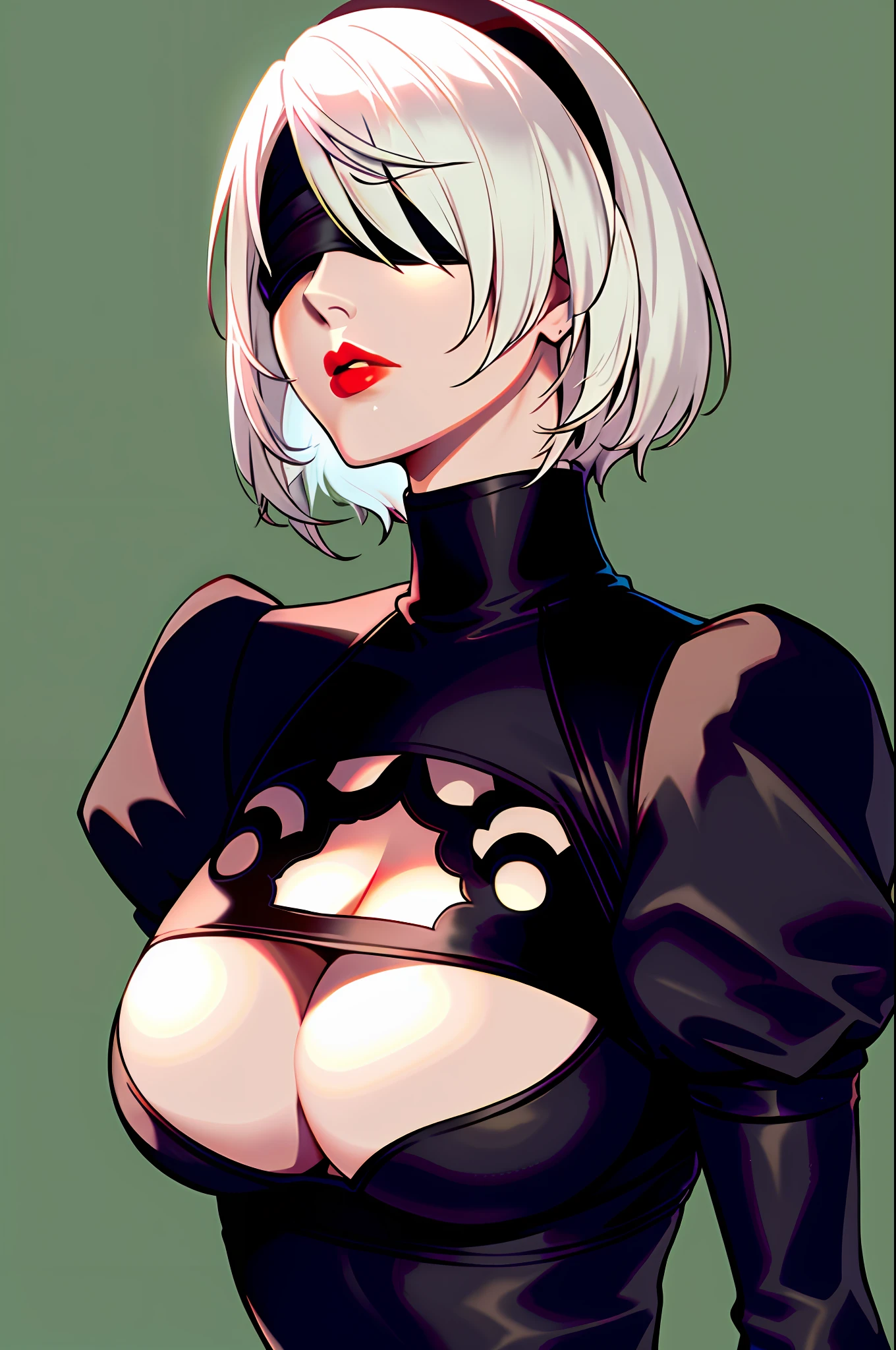 yorha no. 2 type b, 1girl, blindfold, breasts, cleavage, cleavage cutout, clothing cutout, green background, hair between eyes, hairband, highres, juliet sleeves, long sleeves, mole, mole under mouth, nier (series), nier automata, oni gini, puffy sleeves, red lips, shaded face, short hair, solo, turtleneck, upper body, white hair,