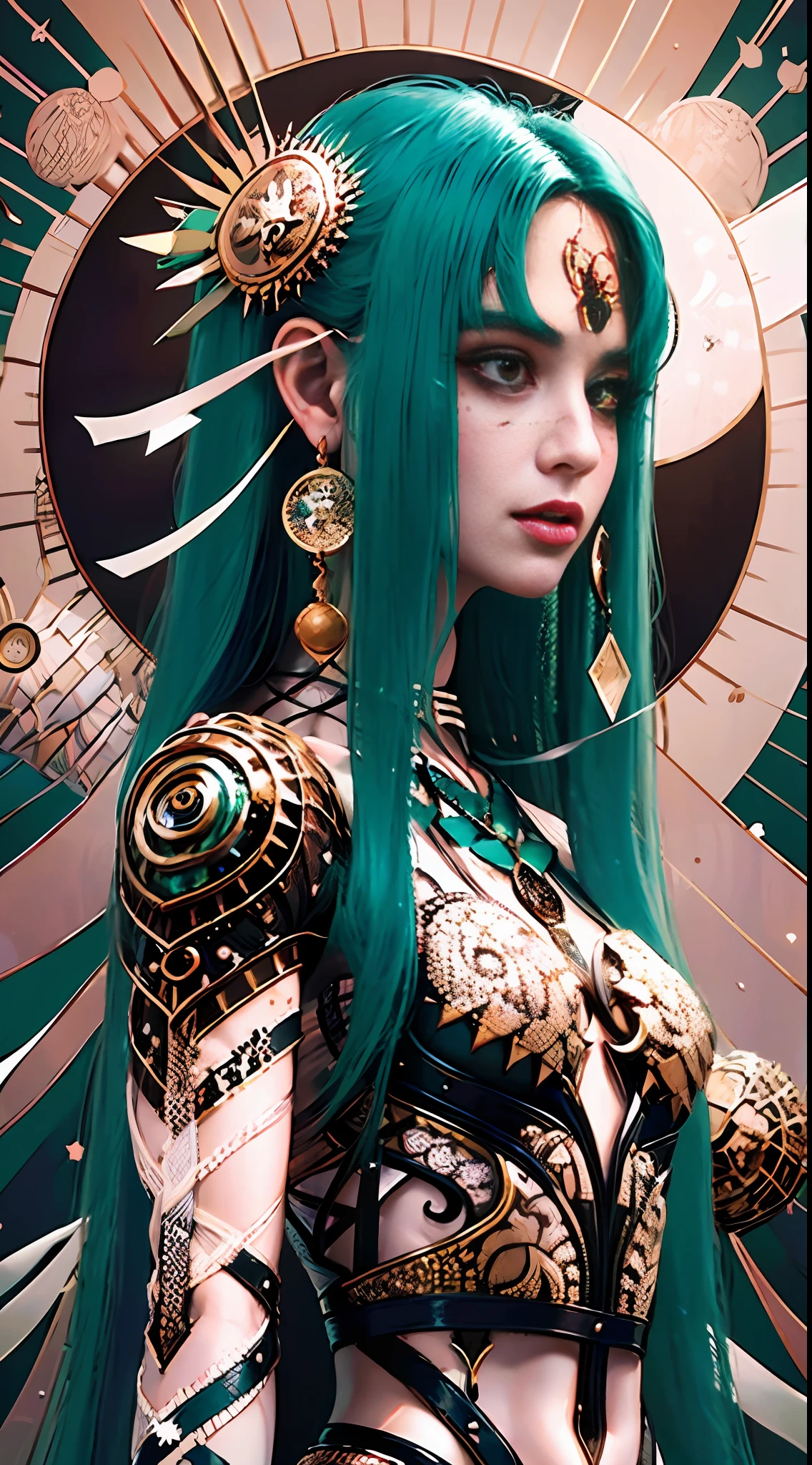 Imagine a girl who looks like she came out of a fairy tale, but with a modern twist. She has long, curly hair, of a bright and unusual color, such as electric blue or pastel pink. Their eyes are large and expressive, of a color that changes according to light, such as violet or emerald green. Their skin is soft and luminous, and is adorned with small birthmarks that look like constellations at night. She dresses in a mix of fabrics and textures, such as silk, velvet and lace, and wears unique accessories such as a crystal necklace or a pair of extravagant earrings. It is located in a magical landscape, perhaps an enchanted forest or a garden of giant flowers, surrounded by mythical creatures such as unicorns or dragons.