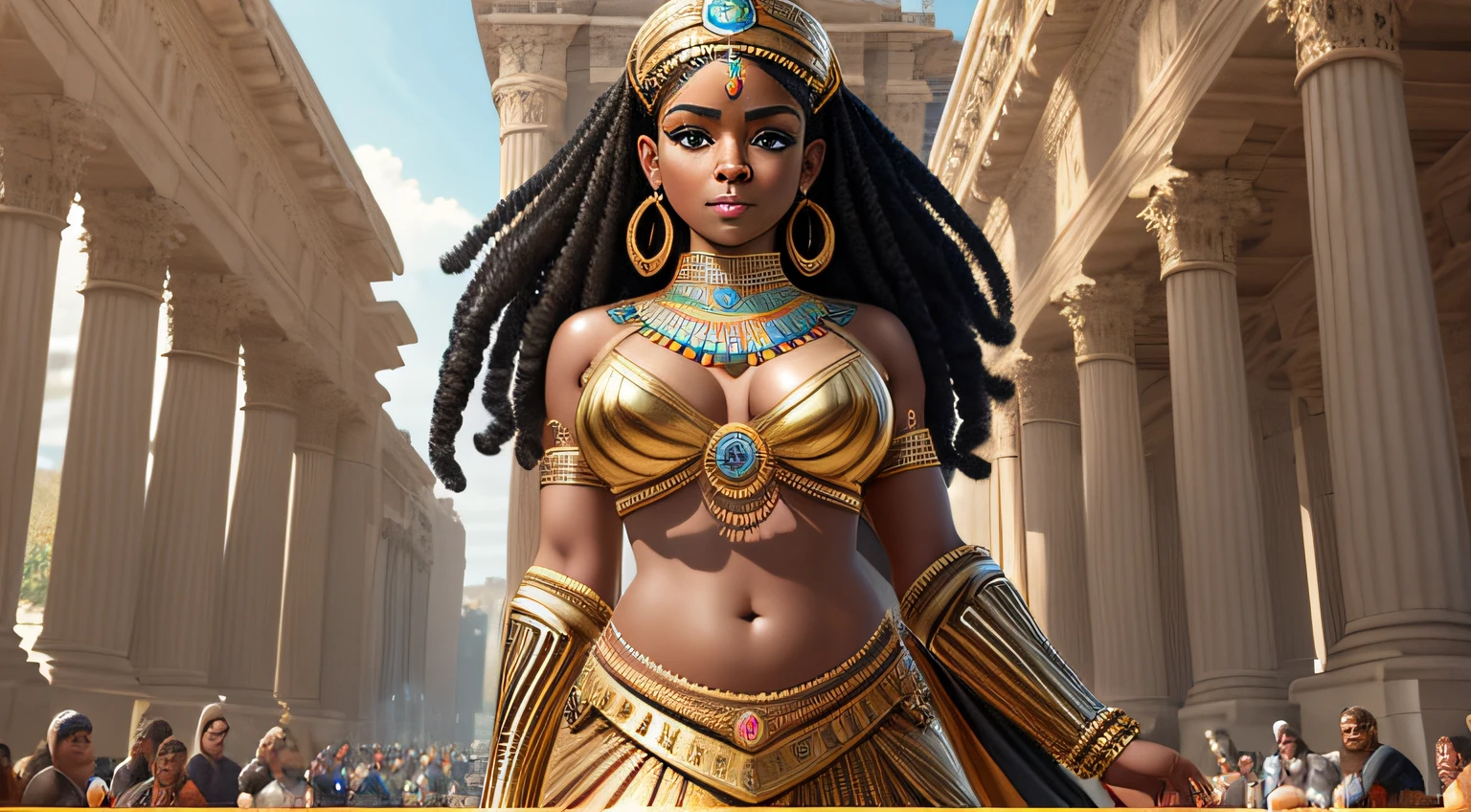 Hyper realistic cleopatra, realistic texture, african goddess, heterochromia eyes, really curly hair, dark skin, sparkling eyes, dramatic lighting, Nikon RAW photo, 8k, Fujifilm XT3, masterpiece, best quality, realistic, (photorealistic: 1.4), ultra detailed, extremely detailed face, solo, 1girl, standing, (smile:1), cute jiggly fat round belly voluptuous body
