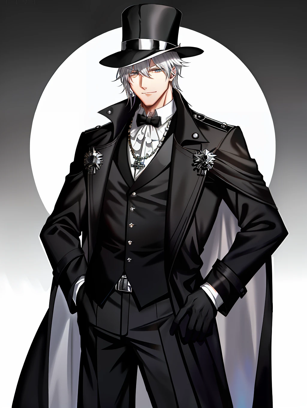Male, adult, standing, ((peaceful expression)), light smile, Straight hair, medium hair, white hair, gray eyes, muscular, looking at the viewer, cross necklace, ((black trench coat)), (black homburg hat), black gloves, cowboy shot, Victorian era city, masterpiece,