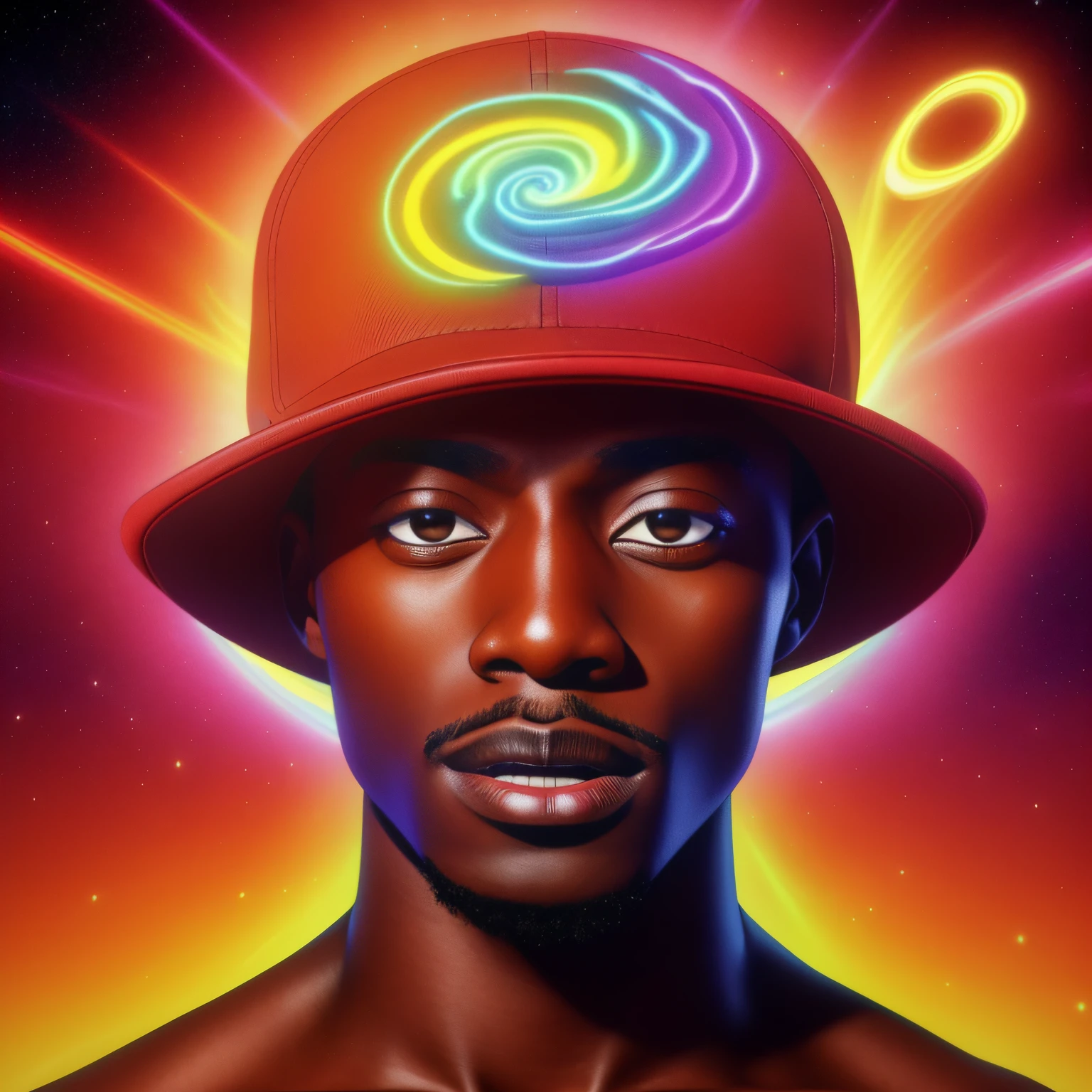 Design a image of a 22 yr old darkskinned black men wearing a New Era Cap with a very short hair and black eyes,DMT, Sacred, psychedelic , psychedelic design, Aura, becoming spiritual, ultrarealistic photorealistic, 8k, artstation