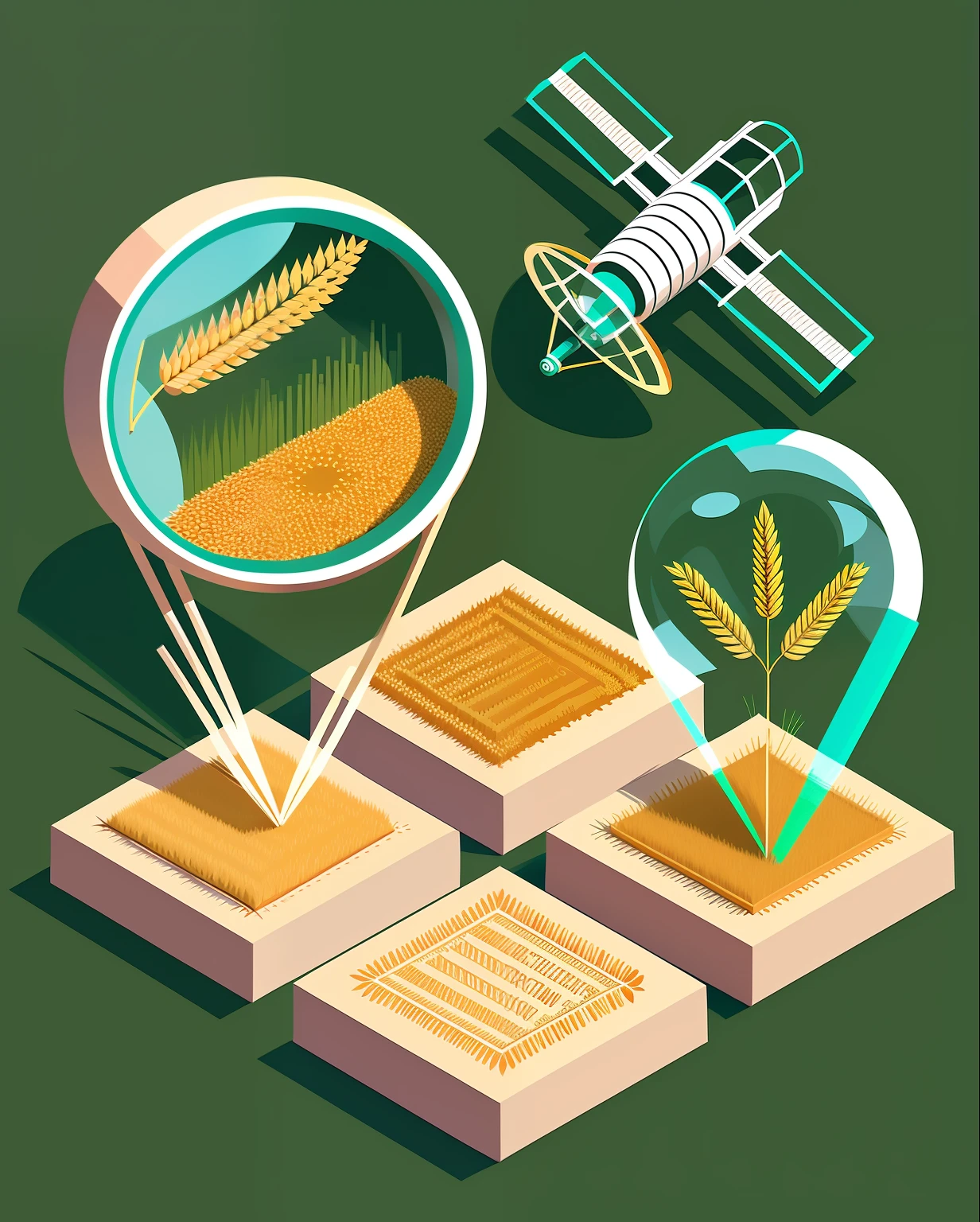 hand drawn style of a green field and next to it a field of wheat grains with a grain harvester machine over it, a magnifying glass zooming in on the grain quality of the field agriculture and livestock, a satellite flying over them, simple logo, minimalism, transparency, white background, round emblem with minimalist design, weights, digital vector graphic style, logo design work, accurate design, palette with great detail precision, vector image, professional photography, isometric,