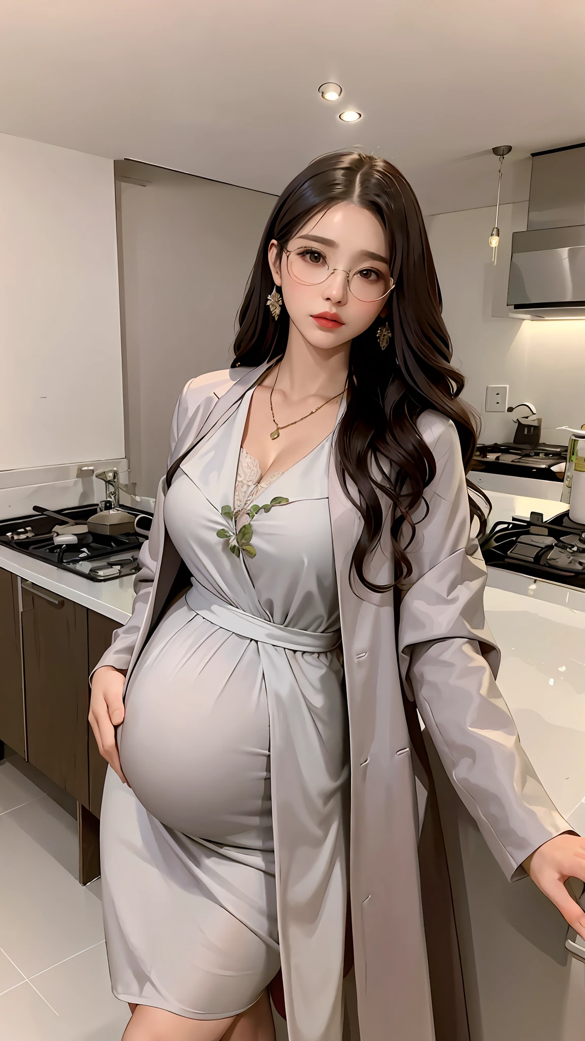 pregnant woman in a dress and coat posing in a kitchen, generous cleavage open jacket, smooth white tight clothes suit, lovely woman, sakimichan, elegant lady, full - length view, full-length view, pregnant, hwang se - on, lee ji-eun, lee ji - eun, heonhwa choe, korean women's fashion model