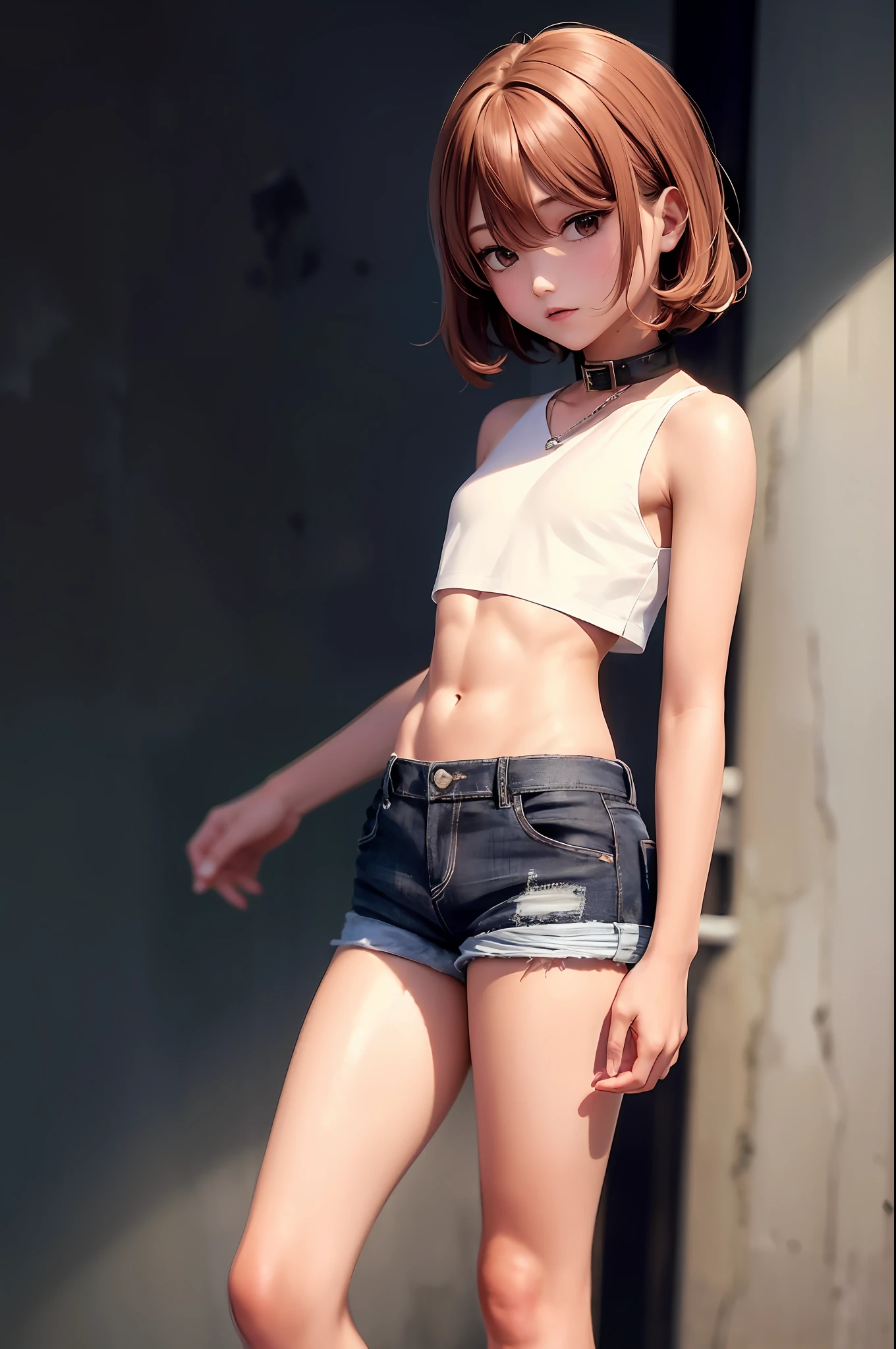 ((medium breast, tomboy girls, small head)),  (chiseled abs : 1.1), (perfect body : 1.1), (short wavy hair : 1.2) , auburn hair, collar, chain, full body shot, crowded street, wearing black tanktop, jeans jacket, ((shorts)), (extremely detailed CG 8k wallpaper), (an extremely delicate and beautiful), (masterpiece), (best quality:1.0), (ultra highres:1.0)