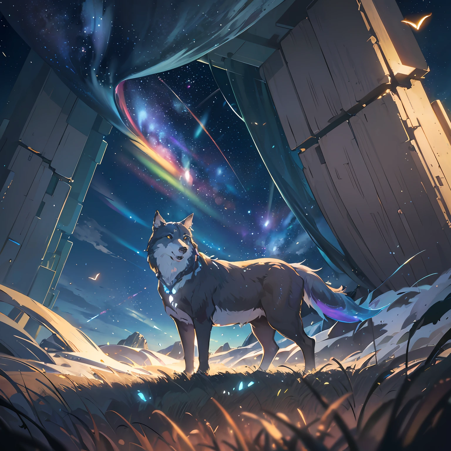 expansive landscape photograph , (a view from below that shows sky above and open field below), wolf, mountains, pine tree, rainbow, (warm light source:1.2), (Firefly:1.2), lot of green and blue, intricate details, volumetric lighting, realism BREAK (masterpiece:1.2), (best quality), 4k, ultra-detailed, (dynamic composition:1.4), highly detailed, colorful details,( iridescent colors:1.2), (glowing lighting, atmospheric lighting), dreamy, magical, (solo:1.2) --auto --s2
