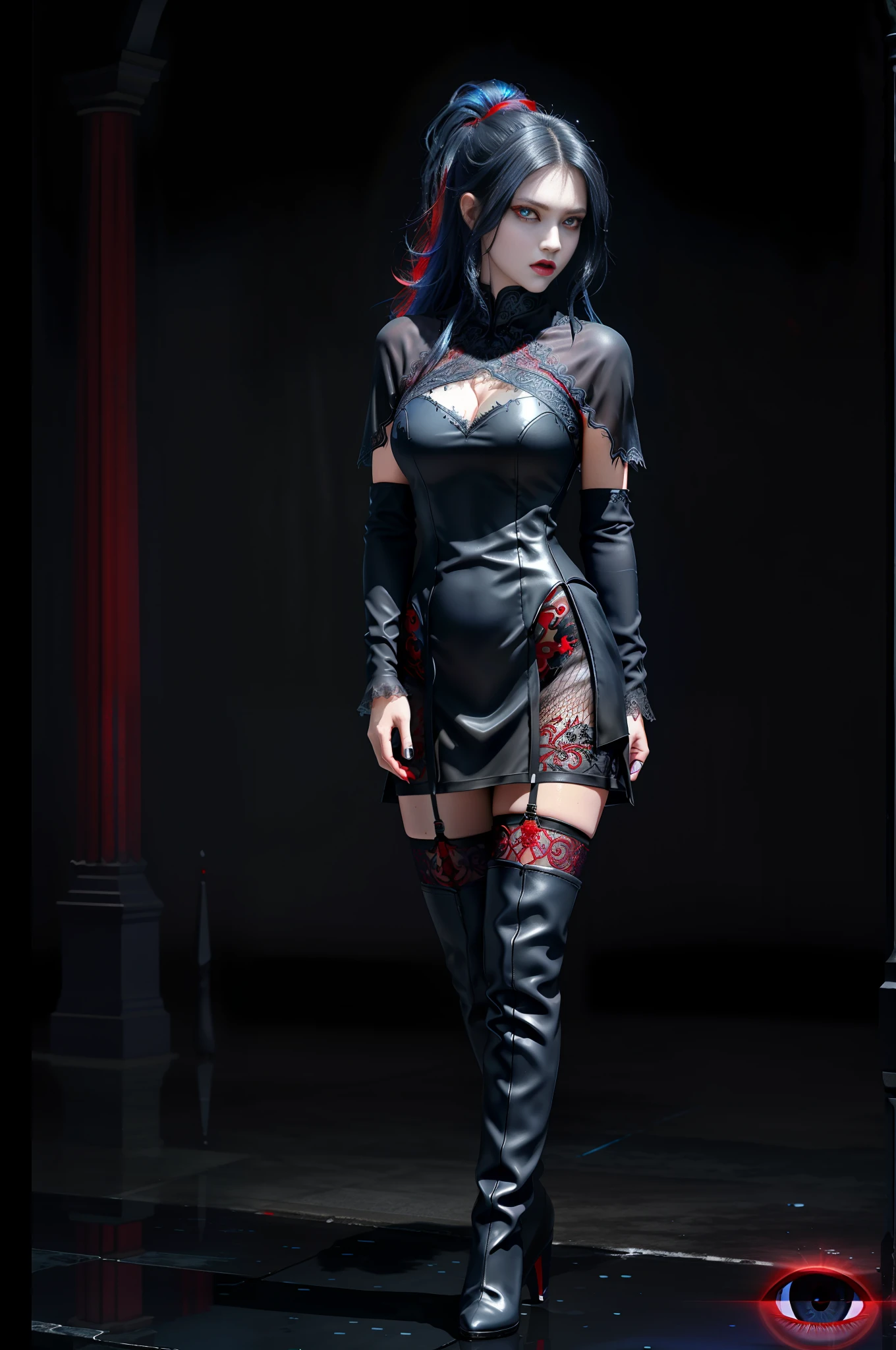 Analog style, ((intricate details)), full torso shot, cold lighting, beautiful, (pale gothic evil princess), (black hair), (intricate), ((skeletal skimpy onyx dress armor)), (intricate jagged obsidian crown), dynamic pose, windblown hair, perfect face, (realistic eyes), round iris, (((red eyes))), perfect eyes, intricate, complex, Helios 44-2, swirly bokeh, trending on artstation, sharp focus, best quality}, {{masterpiece}}, {highres}, Perfect waist cut, Large breasts, Warrior girl with a small short sword on hand, Skimpy organza transparent clothes, organza elements on clothes, net clothes, leather glossy elements on clothes, dark blue hair with red highlights, (perfect nose), Seductive gaze, dark blue knee high boots on high heels with red highlights, (Best Illustration), 8k Resolution, Intricate Details, Best Quality, Realistic, Ultra Detailed, Best Lighting, Best Shadows, Ultra HD, A Necromancer style, Night, Magic, Dark Style, Vampire, (shining red eyes:1.6), masterpiece, high_res, Beautiful face, tyndall effect, photo realistic, (high detailed skin:1.2), 8k uhd, dslr, high quality, Photograph, high resolution, 4k, 8k, Bokeh, absurdres, ponytail contorted, best ratio four finger and one thumb, front view, dark blue hair gorgeous, perfect proportional skinny fitness body, full body view, wet skin, wet clothes, dark cathedral baground scenery, huge bobs, belly muscle, long fit perfect legs, fishnet dark red Stockings, realistic reflection in the water
