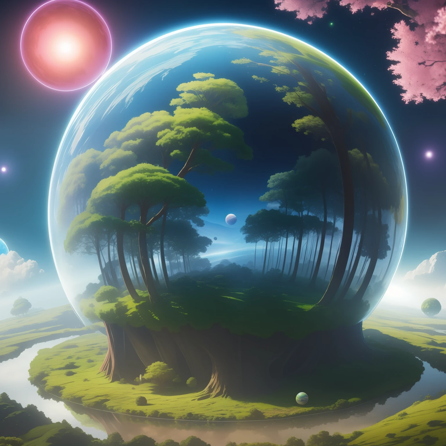 (((masterpiece))) (((best quality))) glass sphere, close-up of a planet with a bunch of trees on it, overgrown planet, green planet, fractal world, fantasy overgrown world, fantasy planet, Dyson sphere, pink planet, 3D render beeple, planetary landscape, round planet inspired by Jofra Bosschart, planet, futuristic world, psychedelic flower planets, ethereal world, (outgoing glow)