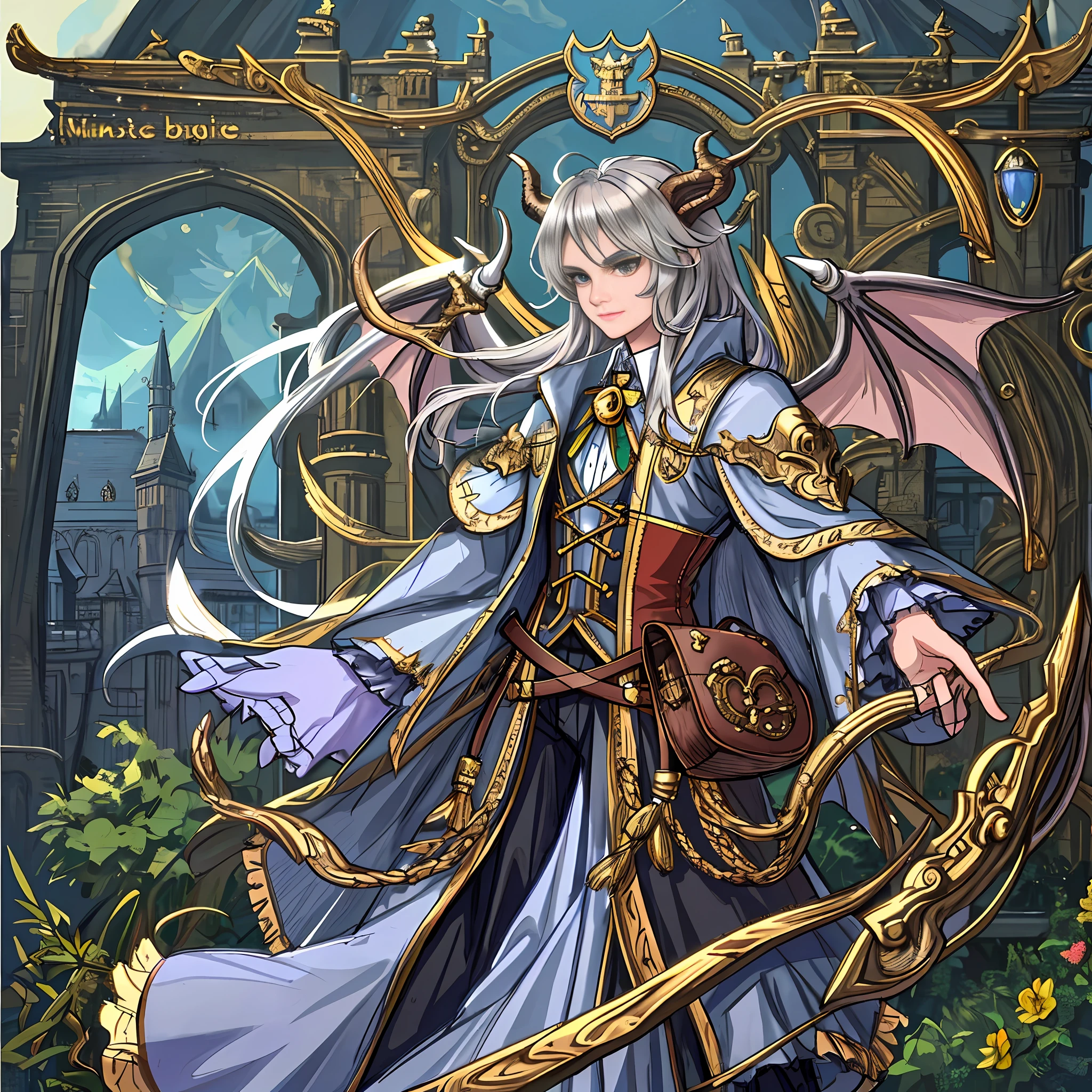 Cute cat, cat with dragon wings, Very detailed face and skin texture, detailed eyes, Detailed muzzle, detailed paws, detailed legs, looking at the camera, in the castle day, dragon horns, European dragon, guy looking away, dragon wings, silver fur