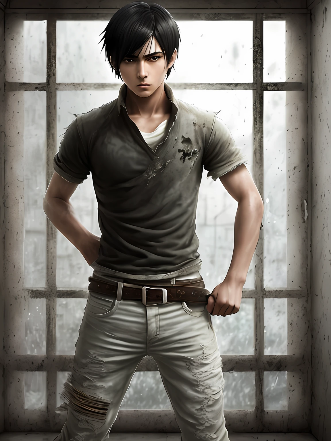 black haired male teenager, training knife fighting, angry, realistic epic, photo, faded, complex things around, background room all white, windowless, soaked, neutral colors, ((((HDR)))), ((((soft colors)))), intricate scene, art station, intricate details, vignette, face eren yeager
