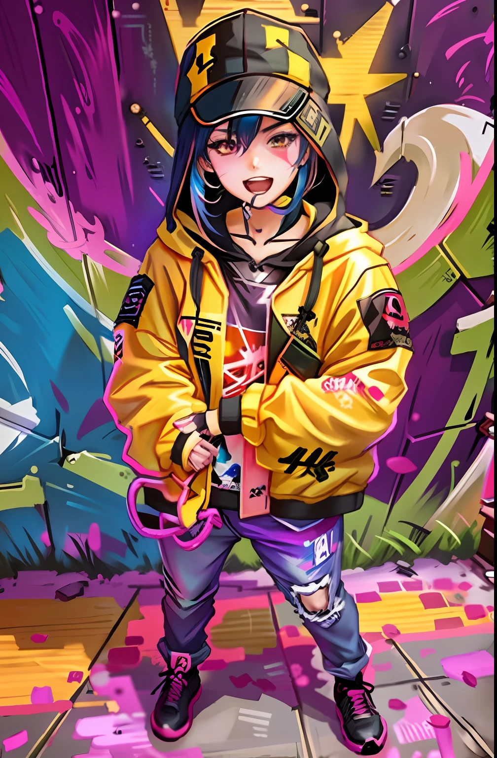 Anime style 4K graffiti wall, 8K anime moe art style, bad guy anime, anime art style, high quality anime art style, city girl fandom, 3D anime style characters, Guvez art style, cyberpunk anime girl hoodie, 8K anime wallpaper.