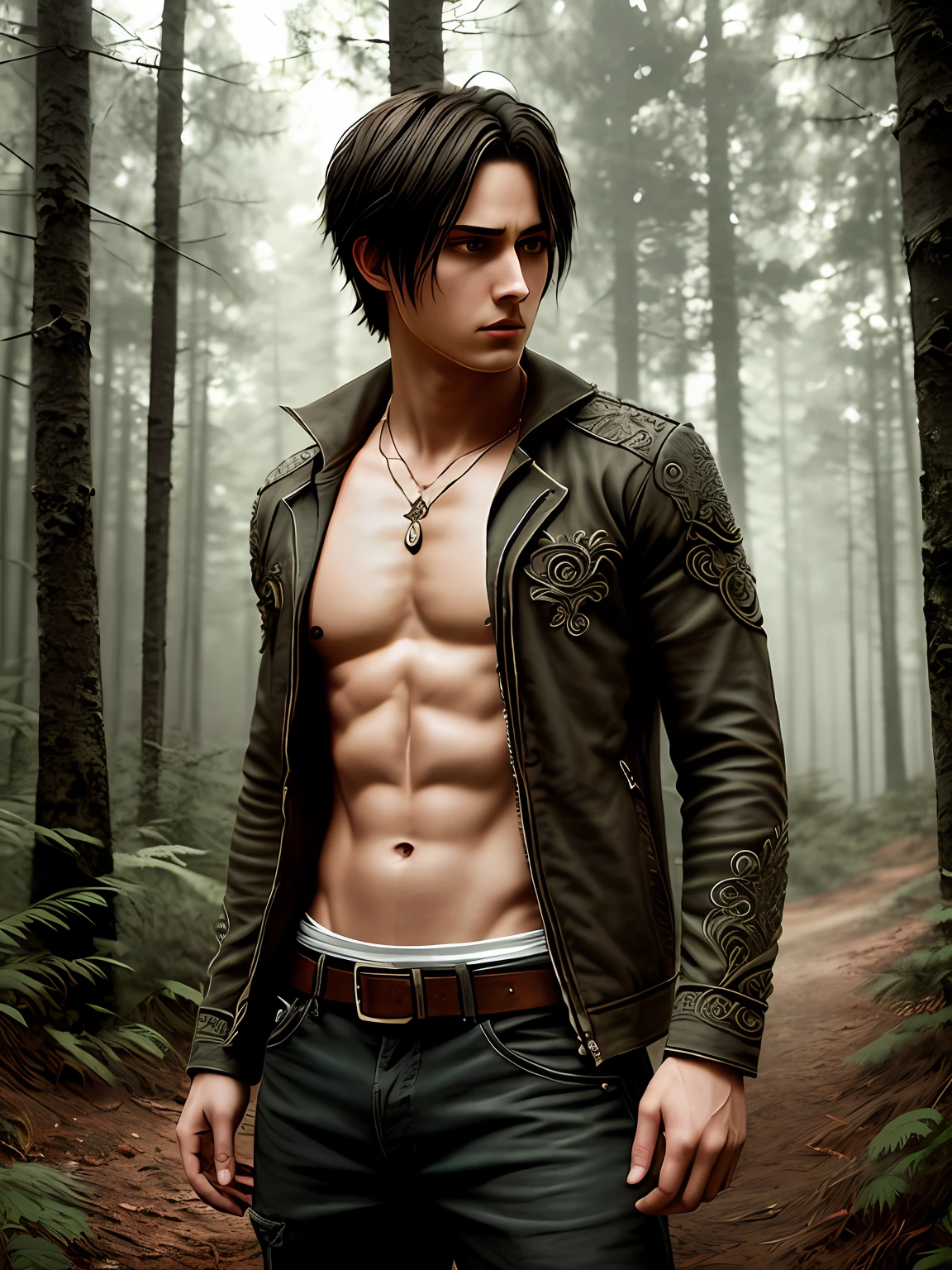 A male, (intricate details:1.22), HDR, (intricate details, hyperdetailed:1.2), full body, cinematic, intense, film composition, cinematic lighting, (rim lighting:1.3), color classification, , casual clothing, face Eren Yeager, strong. 8K, blurred forest background