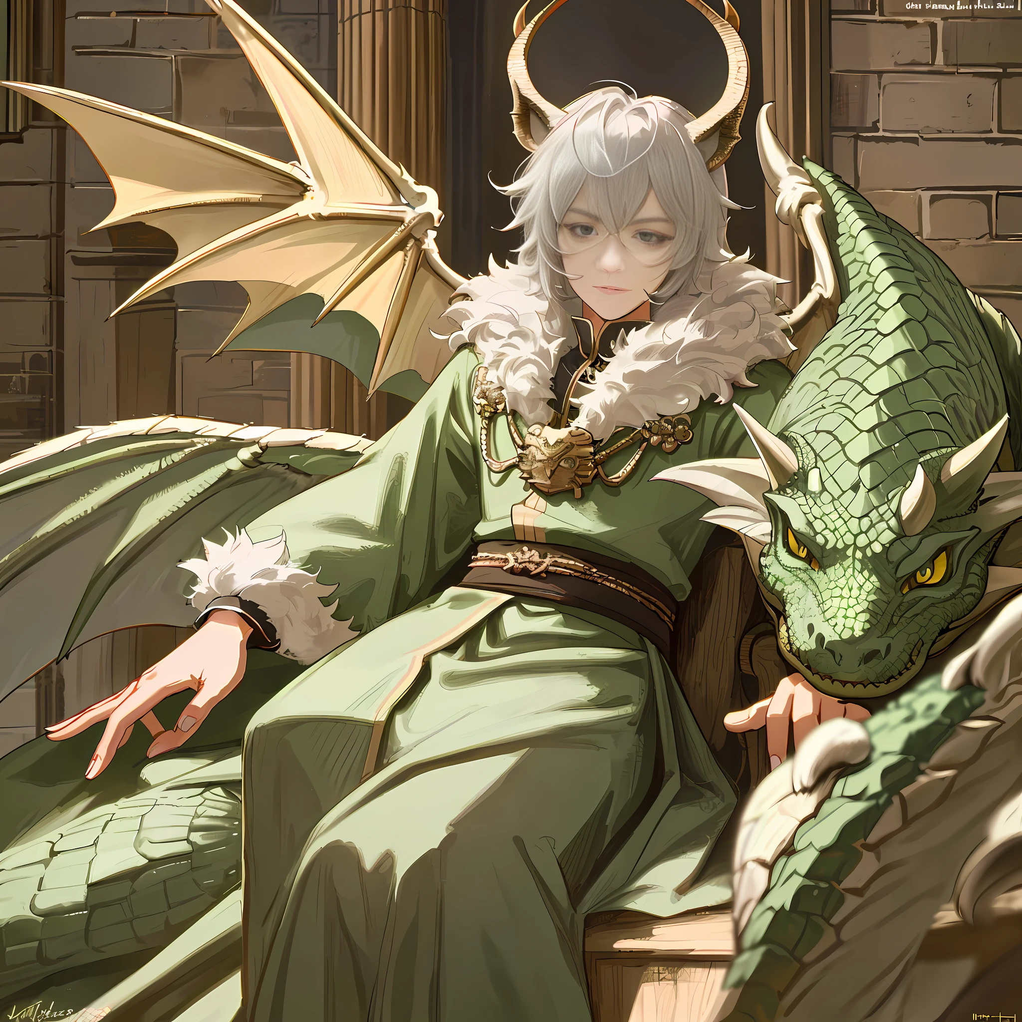 Cute cat, cat with dragon wings, Very detailed face and skin texture, detailed eyes, Detailed muzzle, detailed paws, detailed legs, looking at the camera, in the castle day, dragon horns, European dragon, guy looking away, dragon wings, silver fur