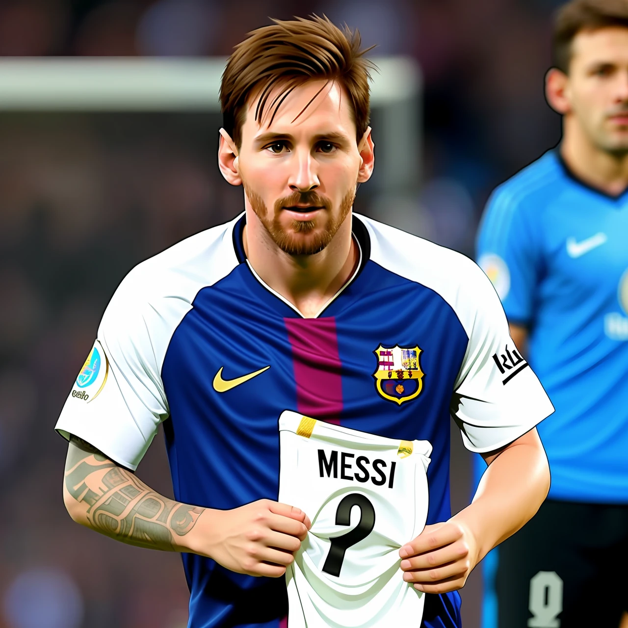 Messi holding the guild shirt
