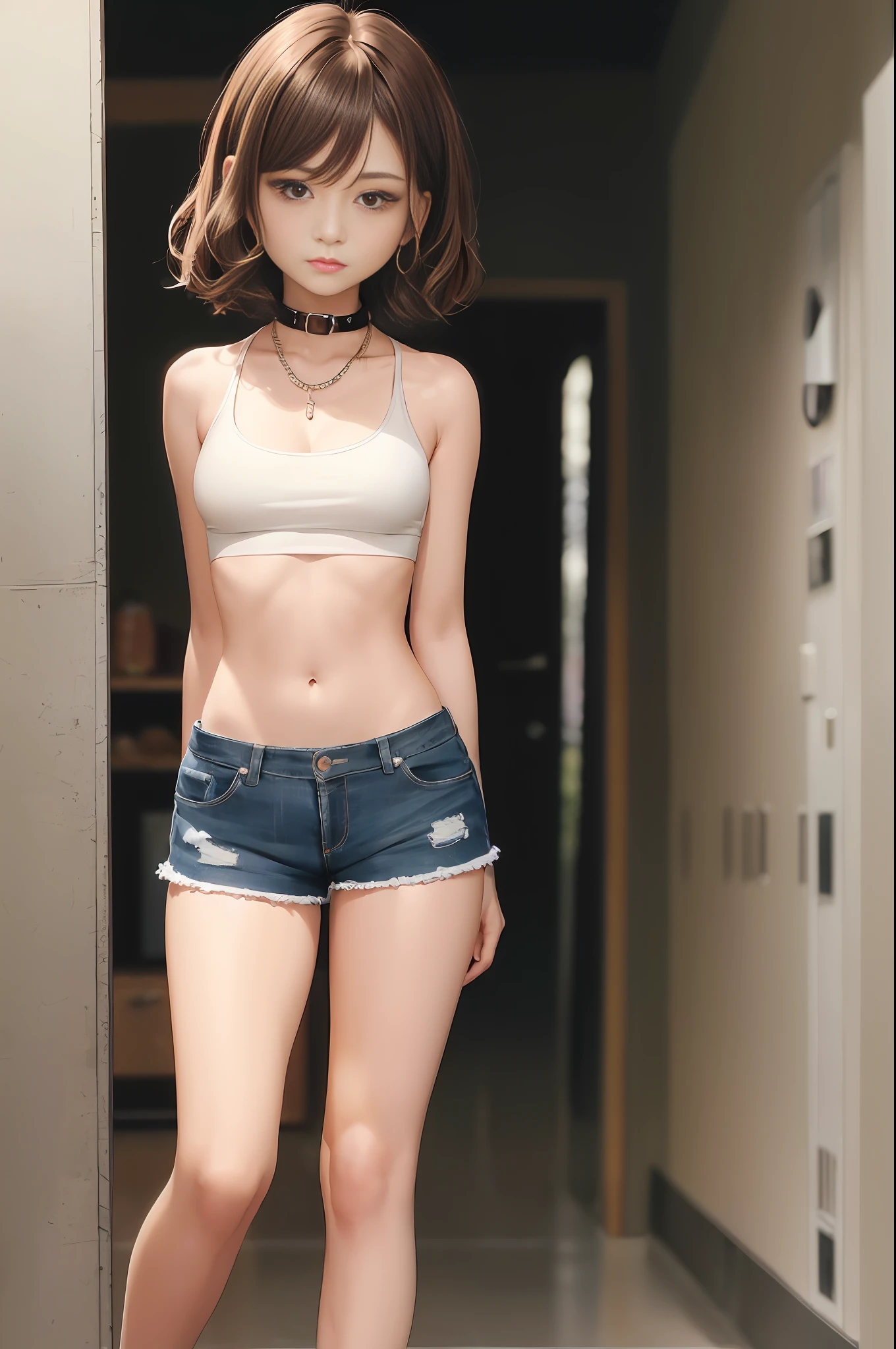 ((medium breast, cute girls, small head)), (chiseled abs : 1.1), (perfect body : 1.1), (short wavy hair : 1.2) , auburn hair, collar, chain, full body shot, crowded street, wearing small crop top, ((shorts)), unconcerned, NSFW, cleavage,(extremely detailed CG 8k wallpaper), (an extremely delicate and beautiful), (masterpiece), (best quality:1.0), (ultra highres:1.0)