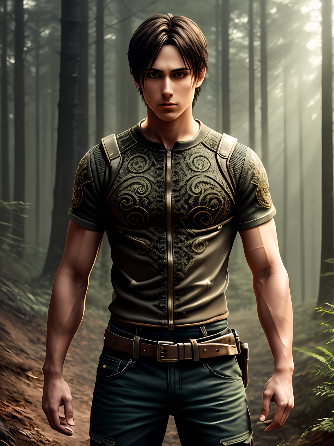 A male, (intricate details:1.22), HDR, (intricate details, hyperdetailed:1.2), full body, cinematic, intense, cinematic composition, cinematic lighting, (rim lighting:1.3), color classification, , casual clothing, face Eren Yeager, strong body. 8K, blurred forest background