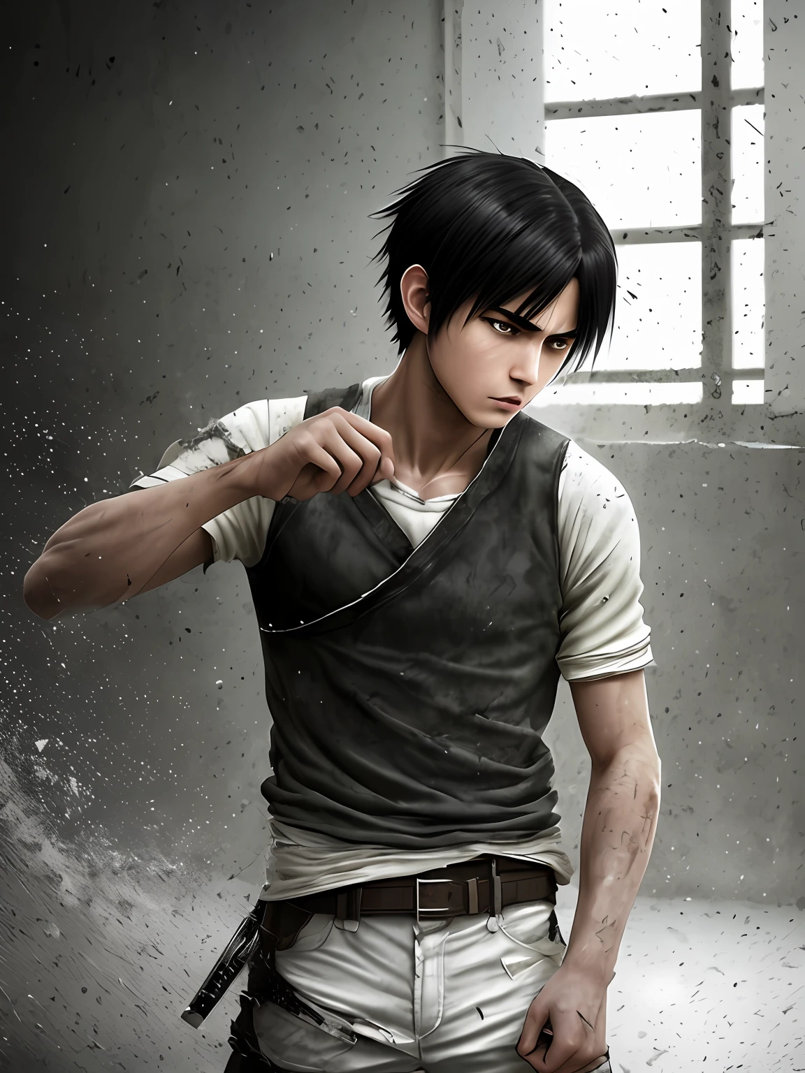 black haired male ager, training knife fighting, angry, realistic epic, photo, faded, complex things around, background room all white, windowless, soaked, neutral colors, ((((HDR)))), ((((soft colors)))), intricate scene, art station, intricate details, vignette, face eren yeager