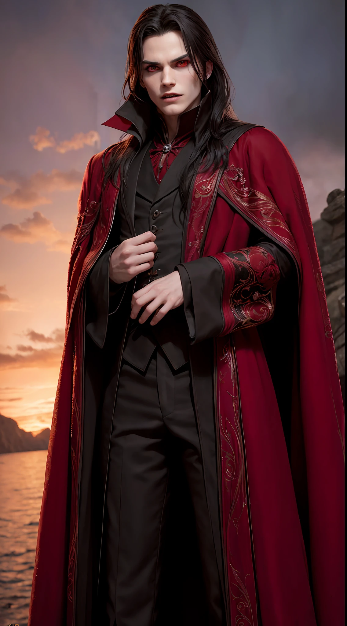 Volturi, Kai, vampire from the movie Twilight, full-length, red eyes, high detail, picture for the competition, correct facial features, super detail
