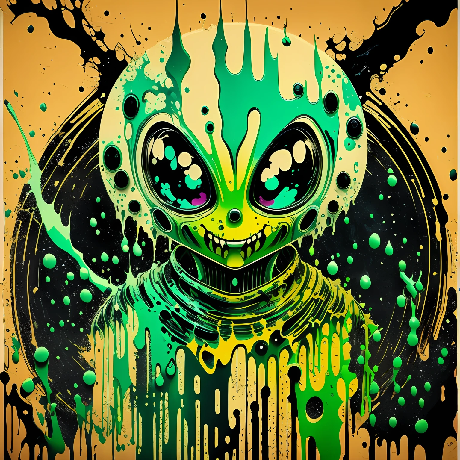 alien, lots of splashes of paint in bold colors, dripping paint, ink,delicate shading