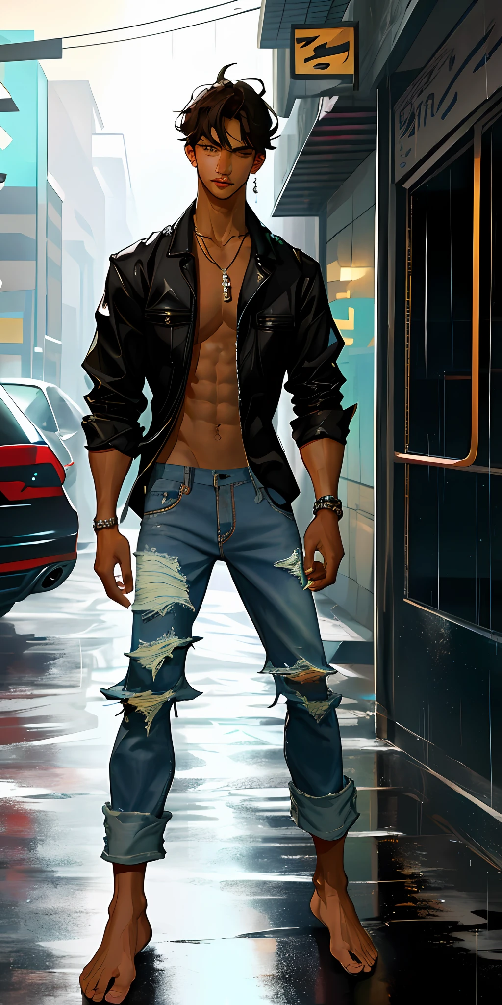 a stunningly beautiful man, age 20, shirtless and barefoot, wearing ripped jeans pants, candid pose, under the rain, busy cybercity streets, (good proportions), vibrant colors, high quality, beautiful lighting, sharp and crisp image, nice and perfect face, highly detailed, well drawn face features, good anatomy, good perspective, beautiful, masterpiece