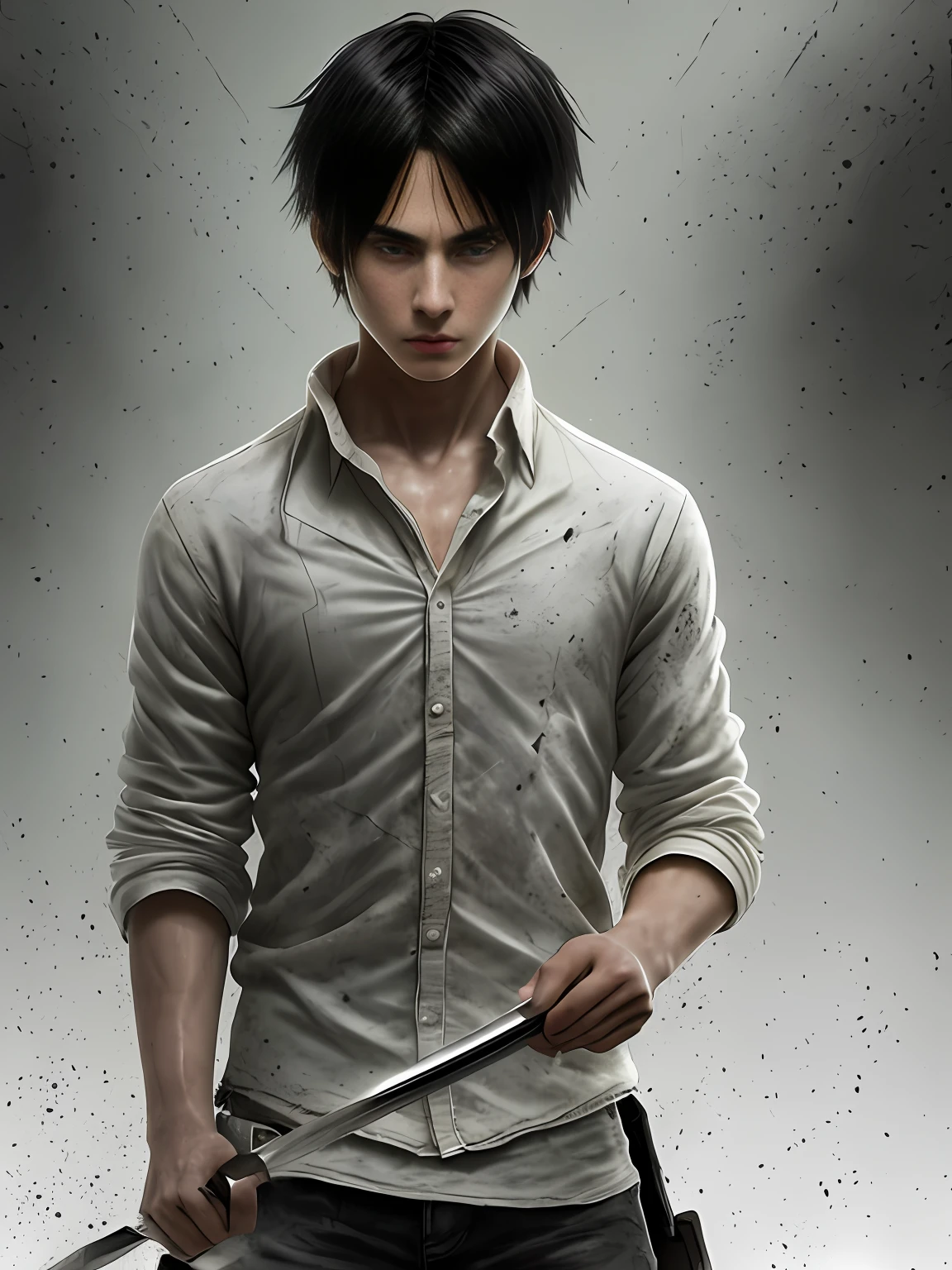 black haired male teenager, training knife fighting, angry, realistic epic, photo, faded, complex things around, background room all white, windowless, soaked, neutral colors, ((((HDR)))), ((((soft colors)))), intricate scene, art station, intricate details, vignette, face eren yeager