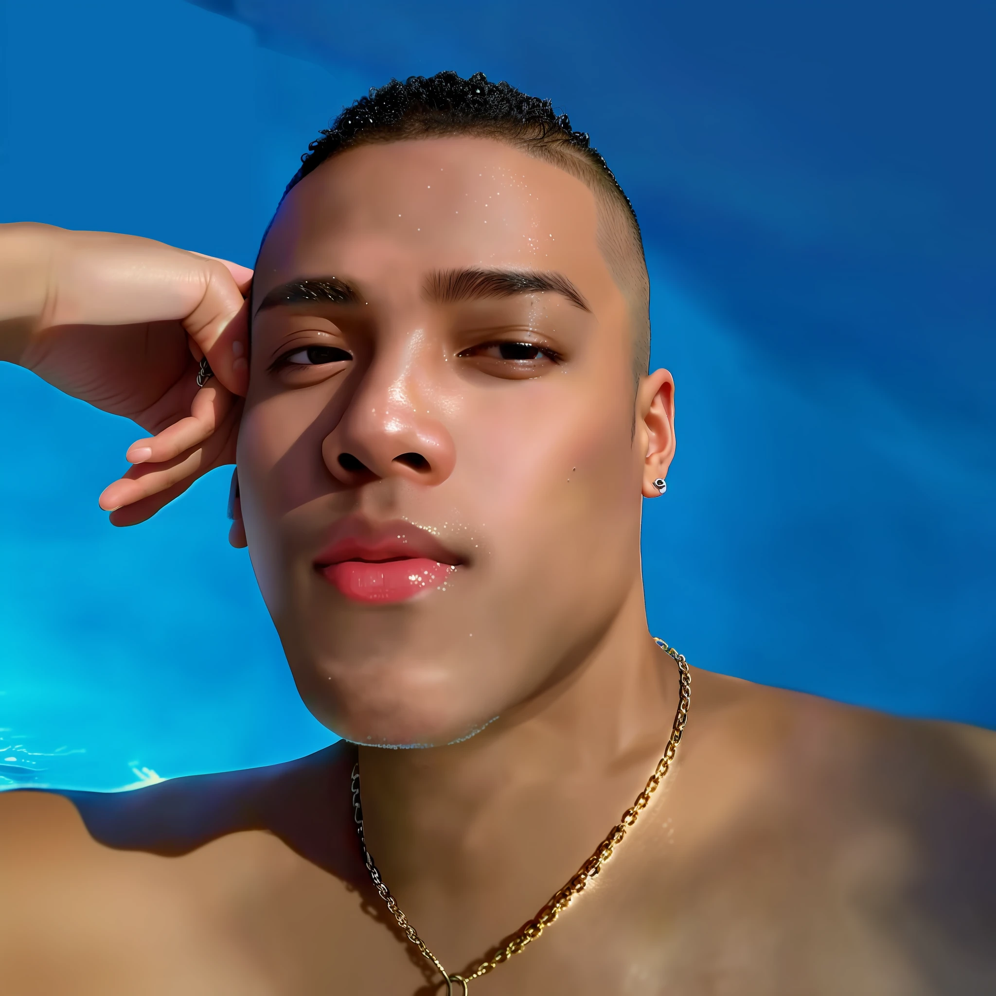 there is a man that is standing in the water with a chain around his neck, taken in the early 2020s, headshot profile picture, unibrow, profile picture 1024px, xxxtentacion, taken in the late 2000s, very very low quality picture, lit from the side, in the sun, raytrayced