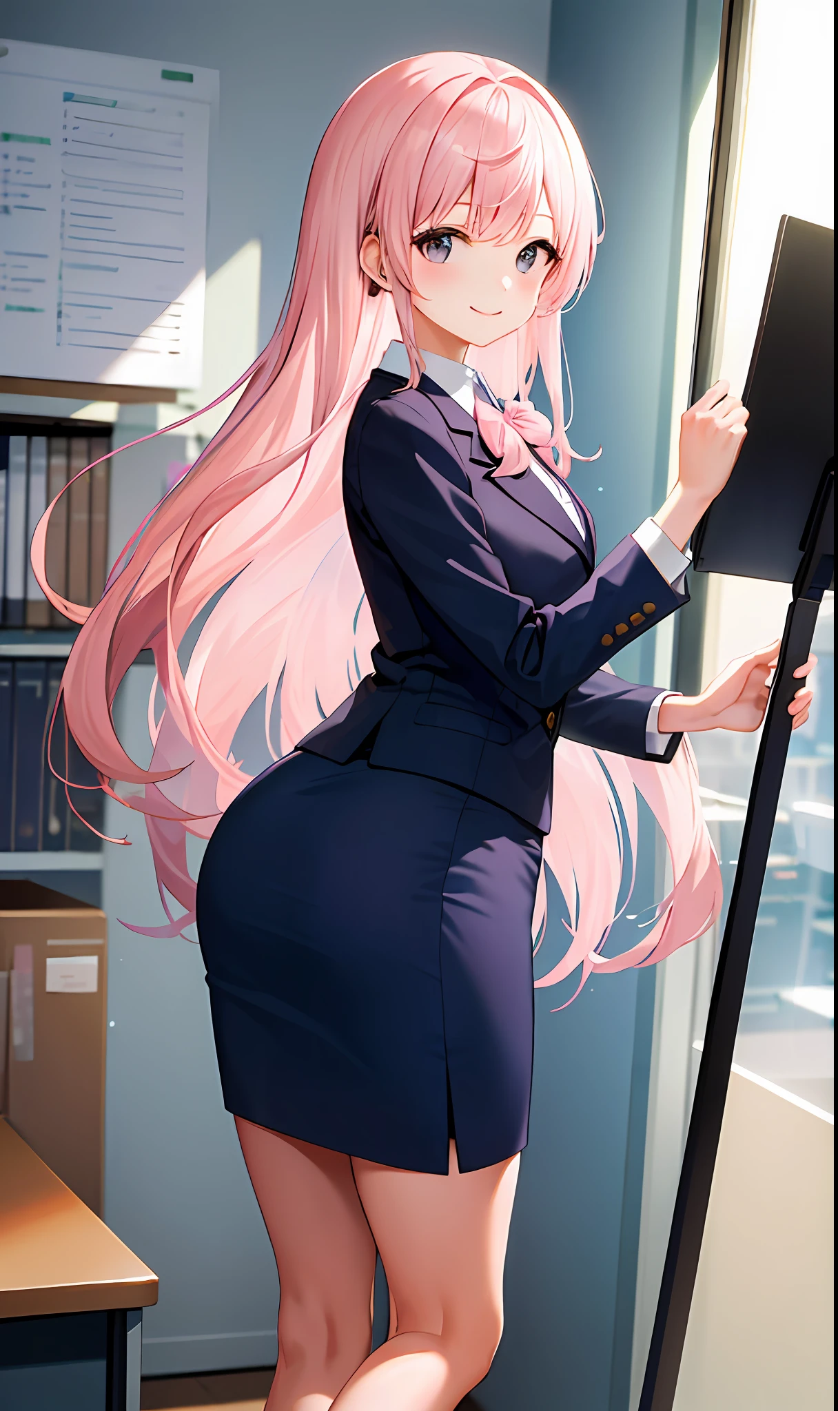 ((Masterpiece, Excellent)), (1girl), (()), light pink hair, trumpet, ((office lady)), bangs, small breasts, (plump), slim, smile, [wide buttocks], office, standing, aru \(blue archive\),