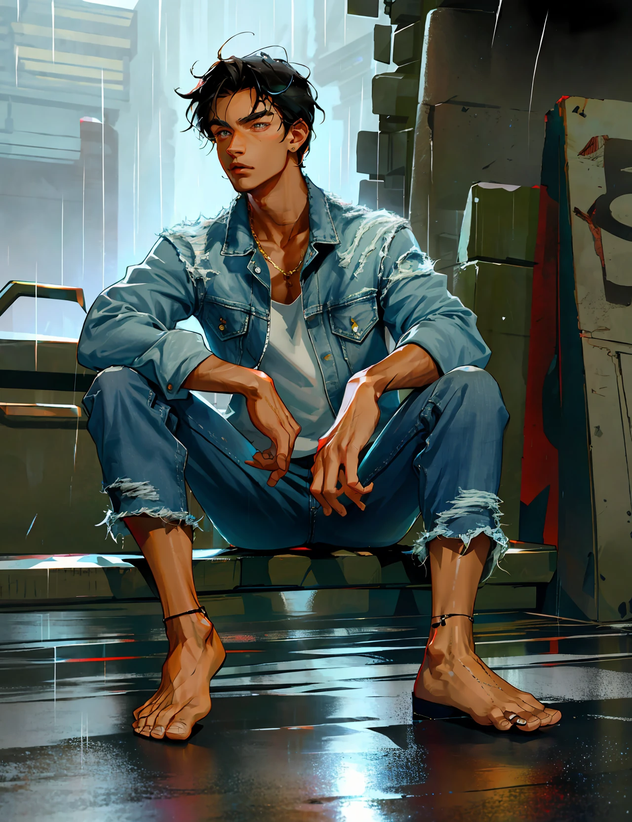 a stunningly beautiful man, age 20, shirtless and barefoot, wearing ripped jeans pants, candid pose, under the rain, busy cybercity streets, (good proportions), vibrant colors, high quality, beautiful lighting, sharp and crisp image, nice and perfect face, highly detailed, well drawn face features, good anatomy, good perspective, beautiful, masterpiece